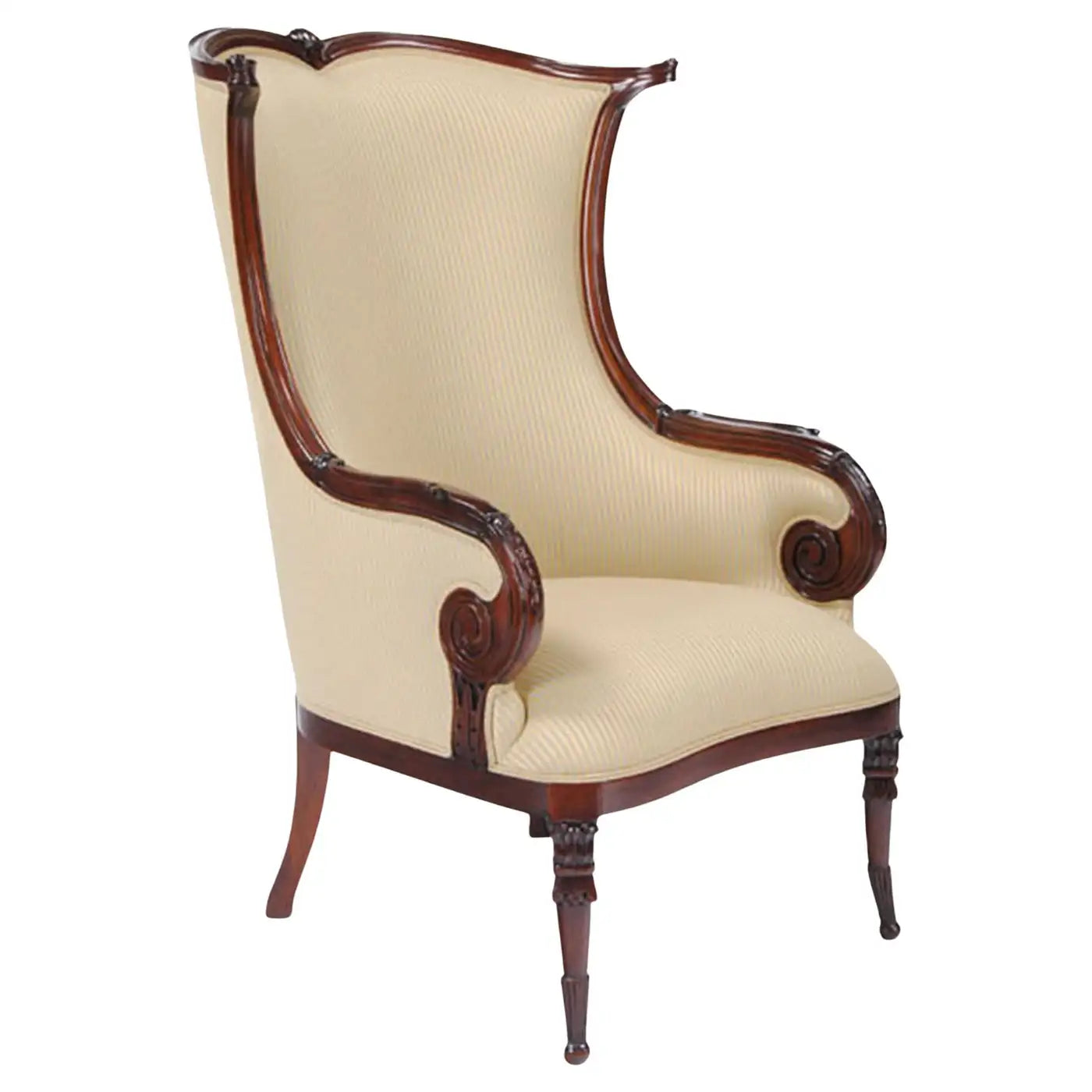 Vintage armchair with wooden frame and cream upholstery on a white background