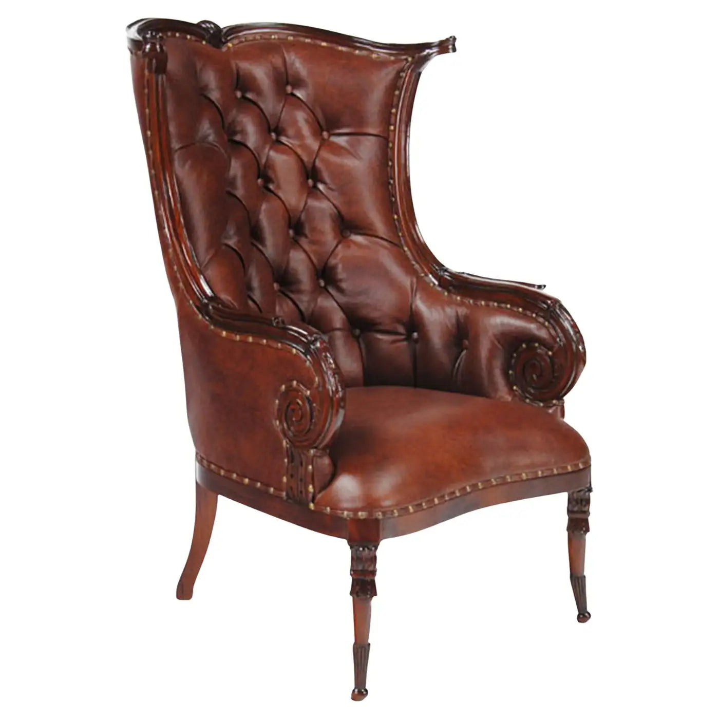 Brown leather armchair with tufted backrest on a white background