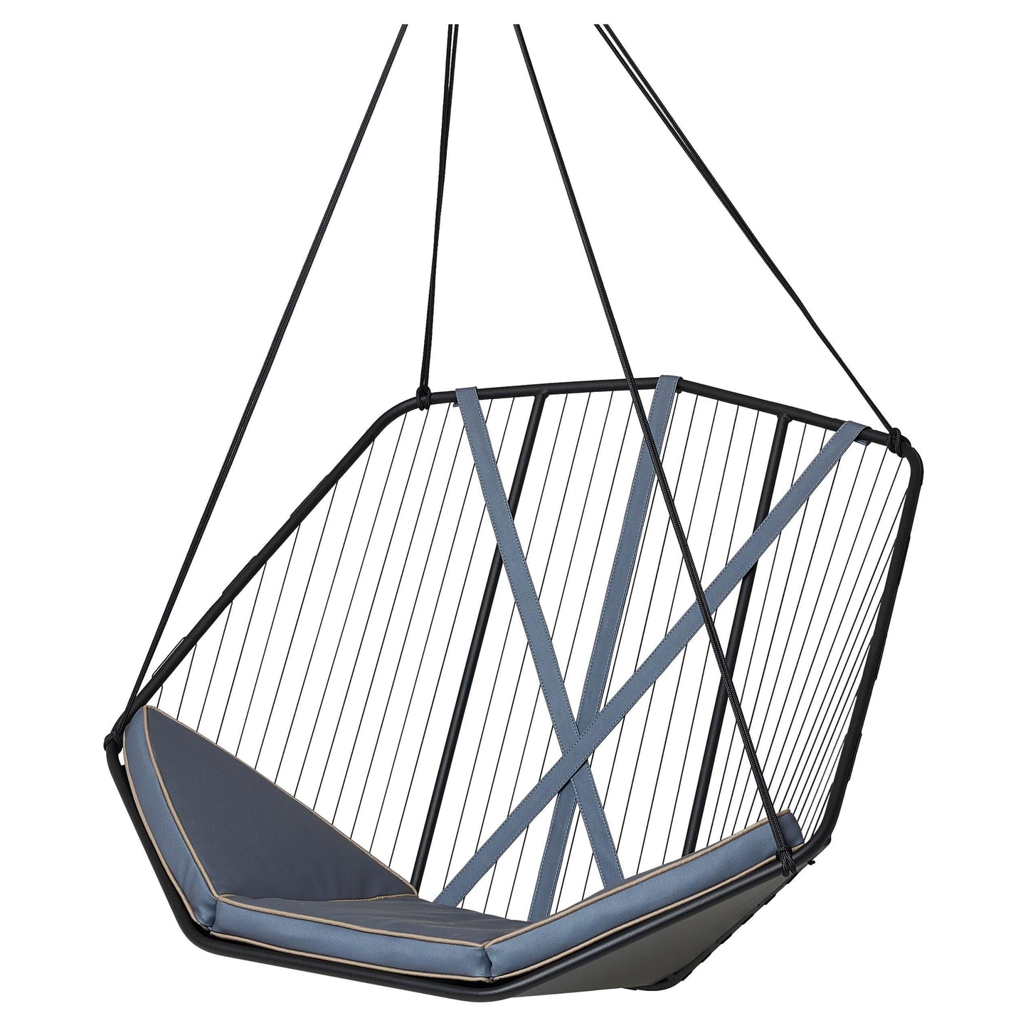 Geometric hanging chair with blue cushion on a white background
