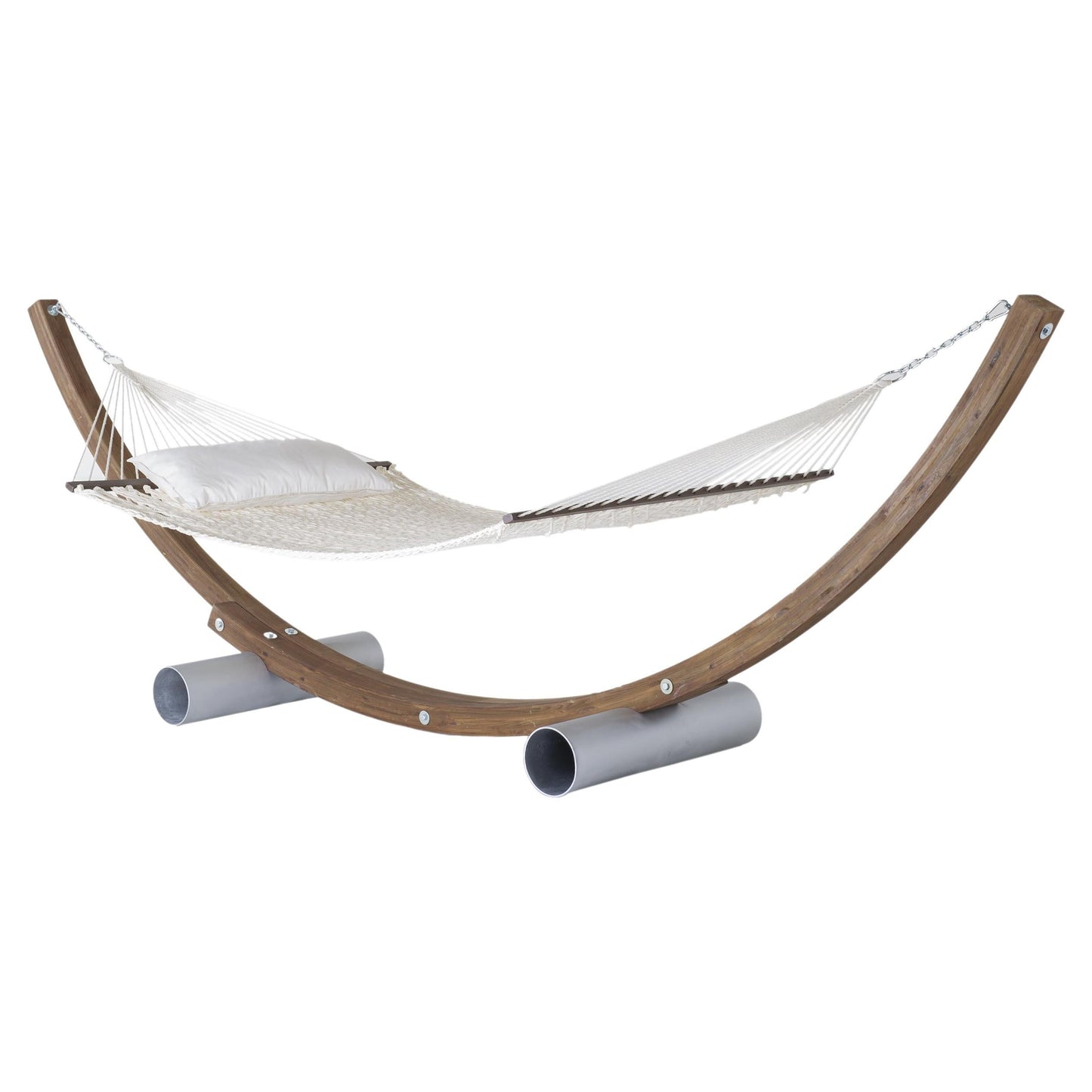 White hammock with wooden arc stand on a white background