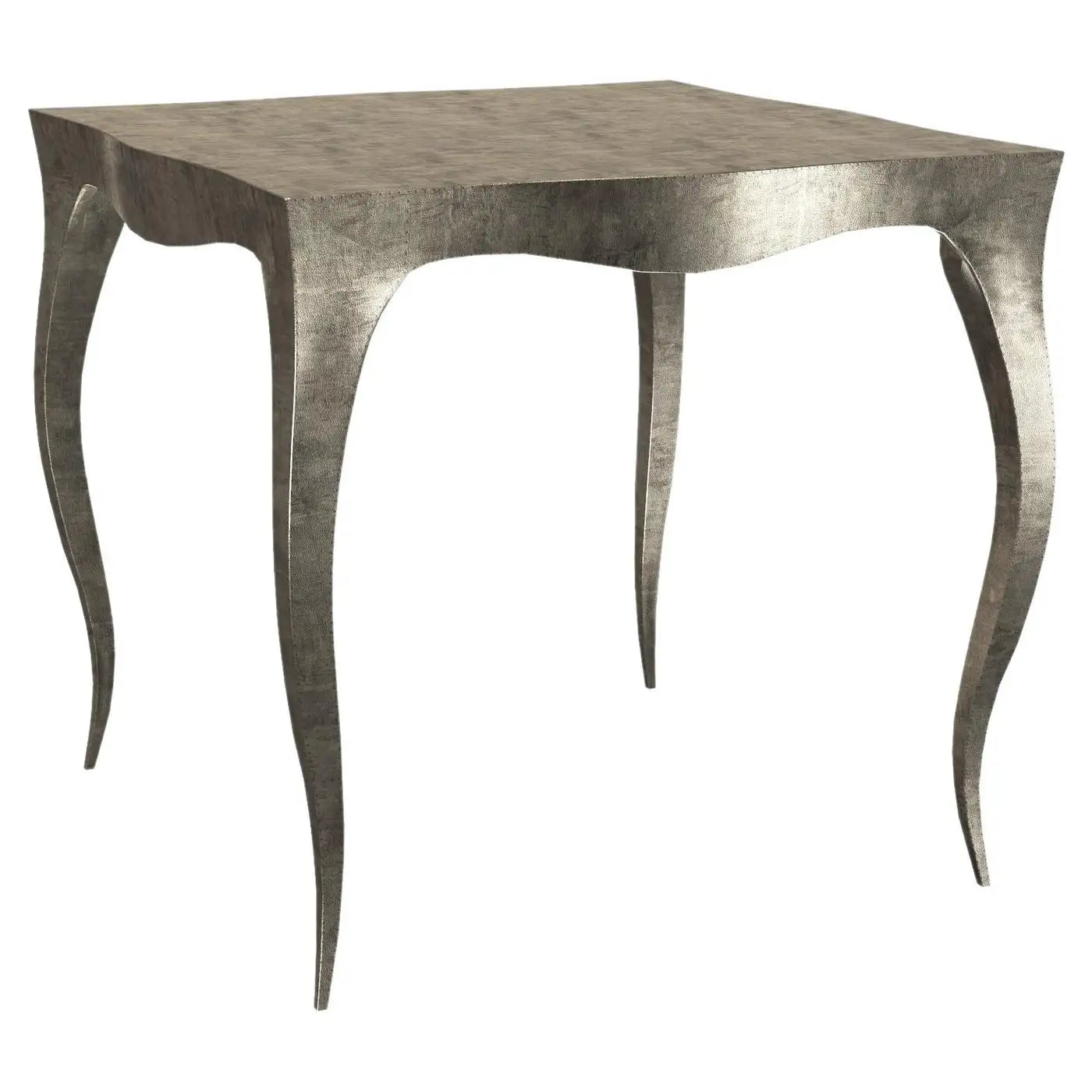 Square table with metallic legs on a white background
