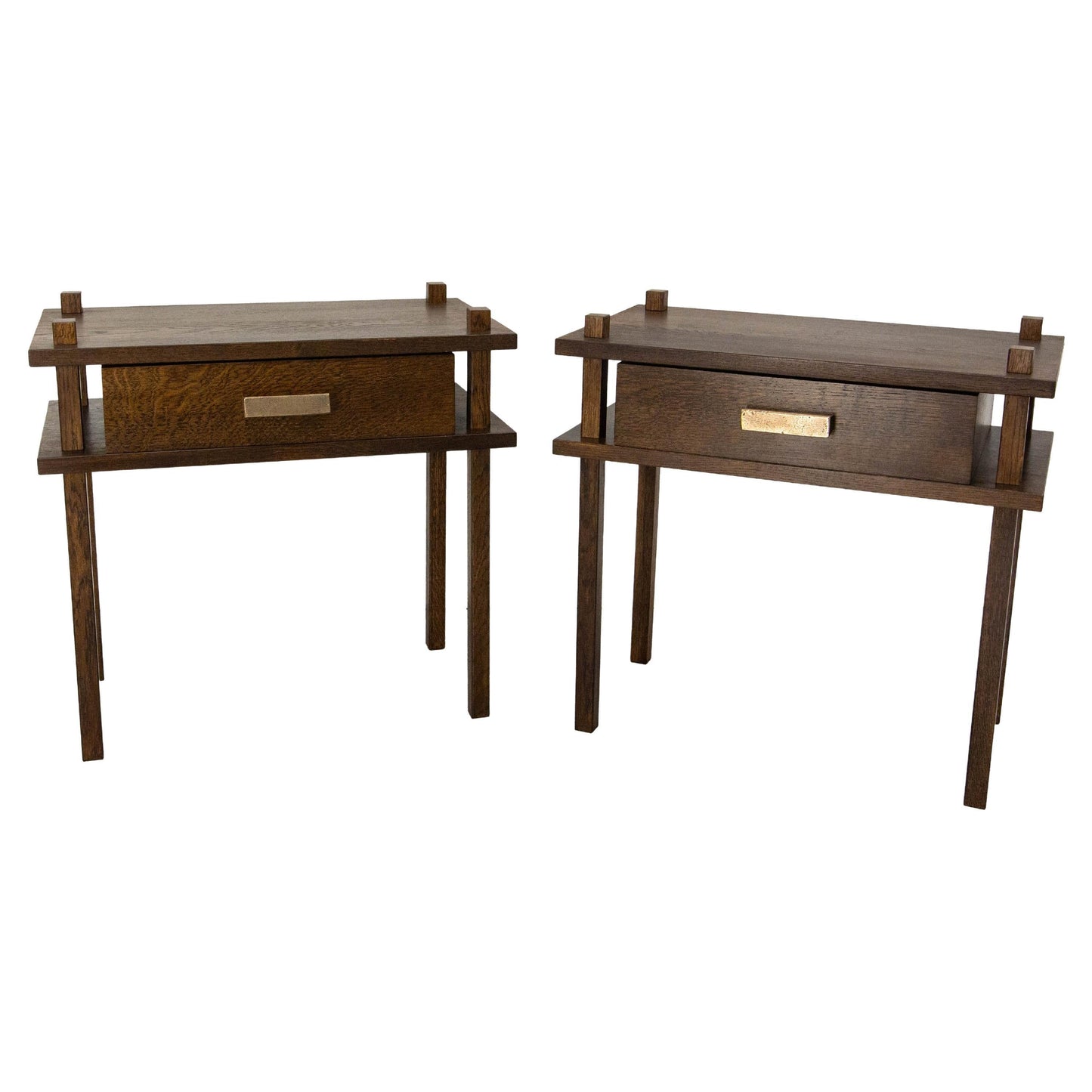 French Chalet Style Oak Nightstands – Pair with Bronze Handles, 2024