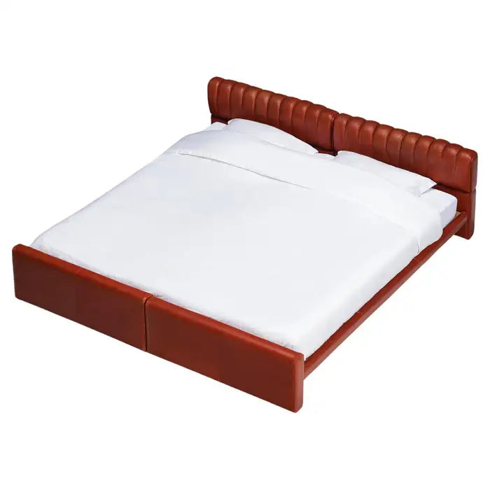 Brown bed frame with white mattress on a white background
