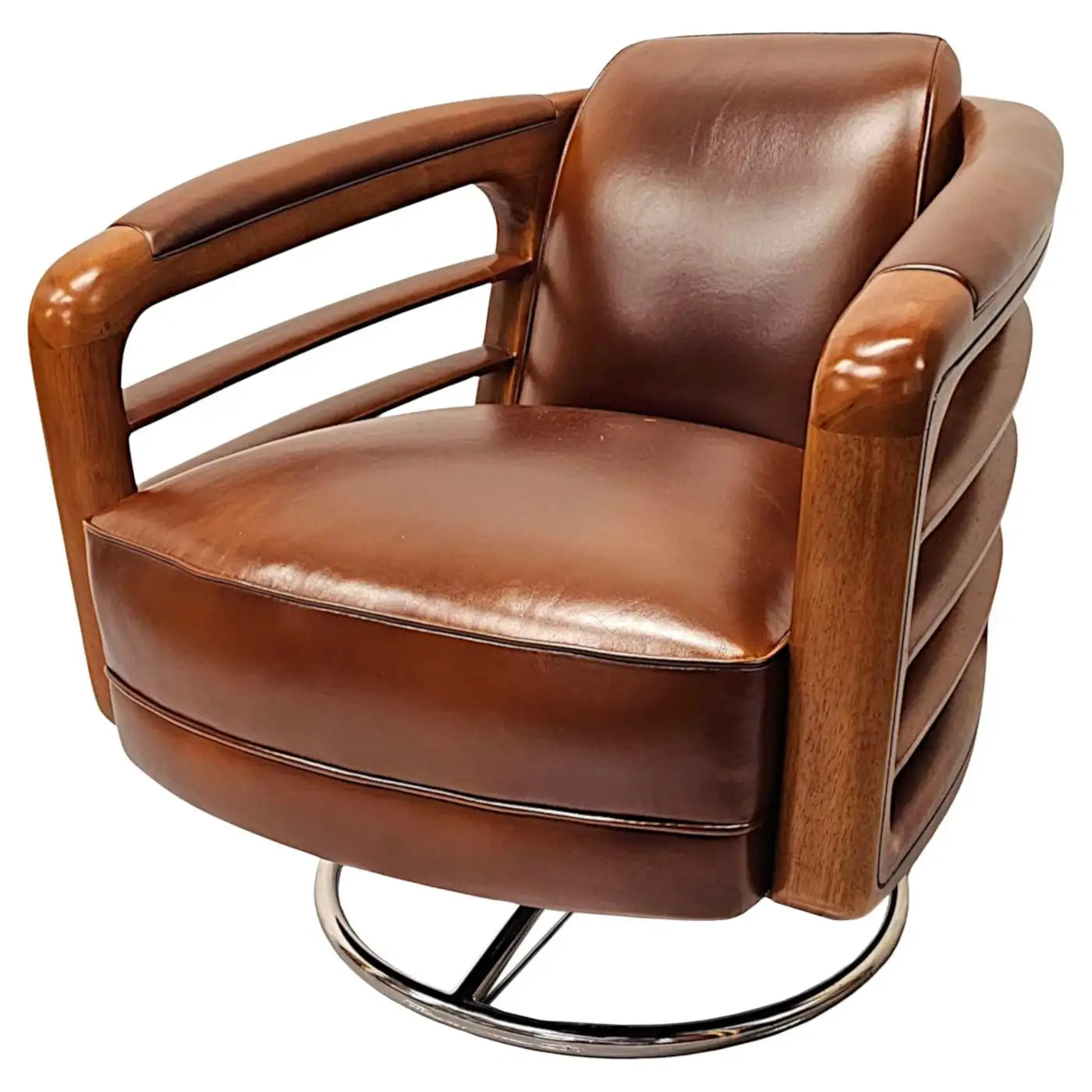 Contemporary Handcrafted Leather & Chrome Revolving Club Chair
