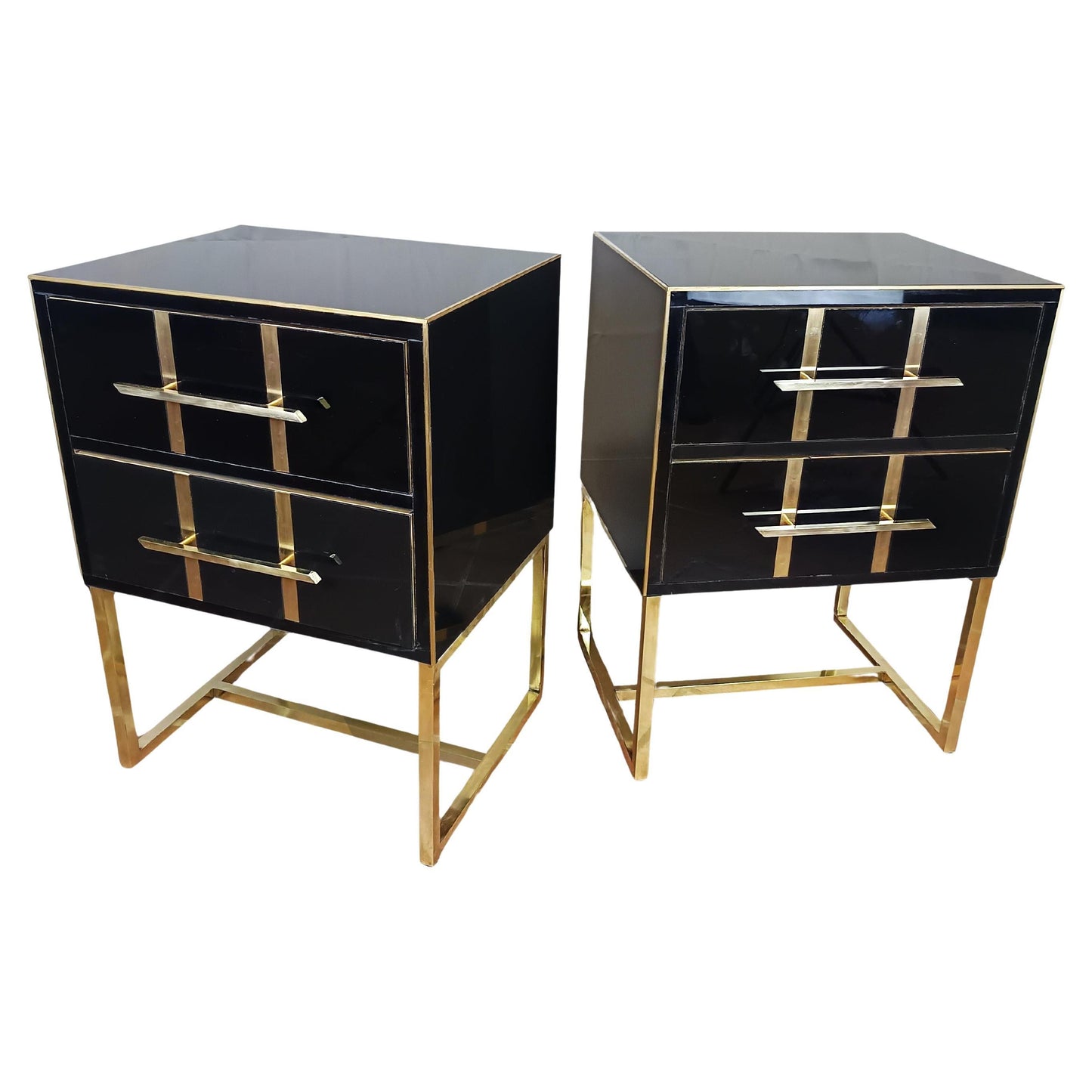 Black Glass Designer Side Tables – Set of 2 with Brass Details