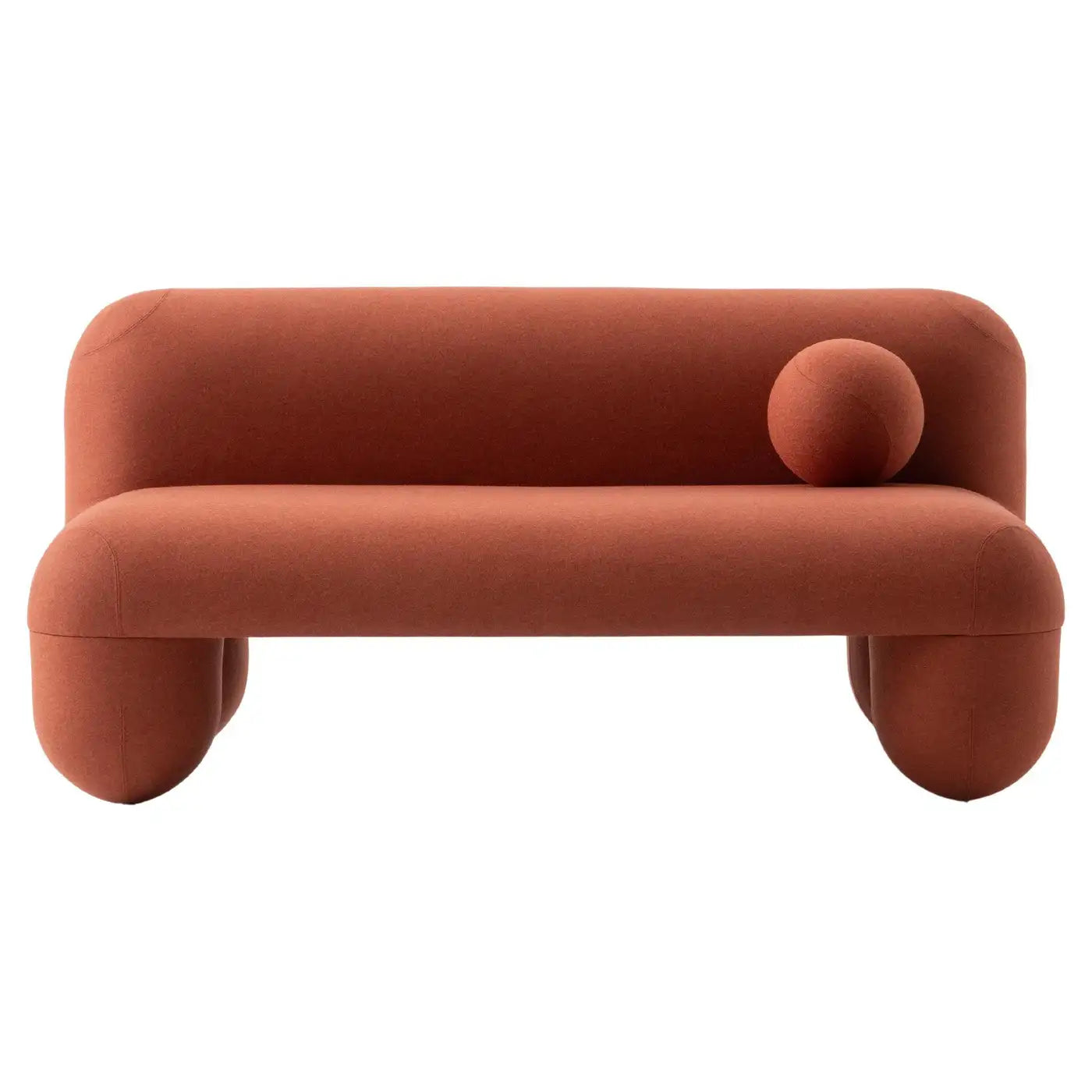 Modern orange sofa with curved design on a white background