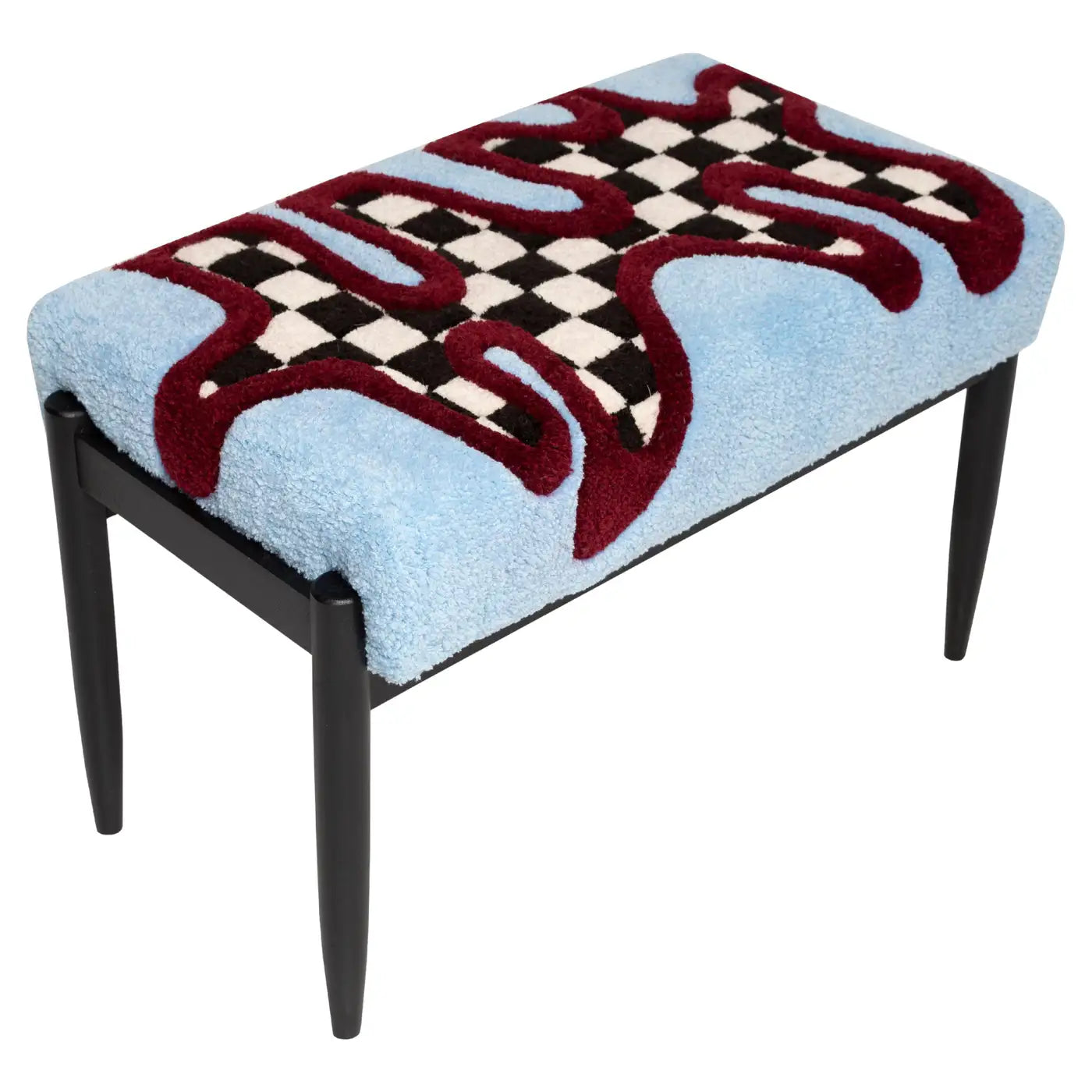 Decorative bench with colorful patterned cushion on a white background