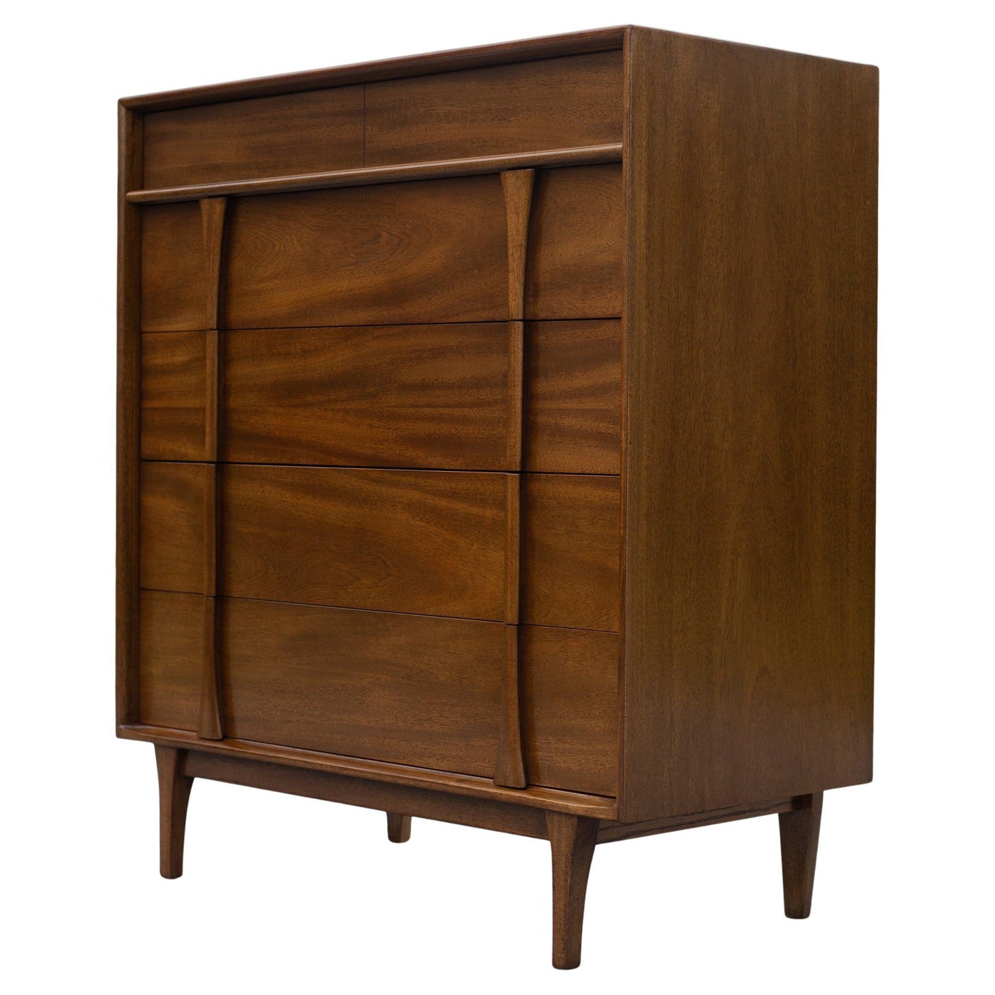 Wooden dresser with multiple drawers on a white background