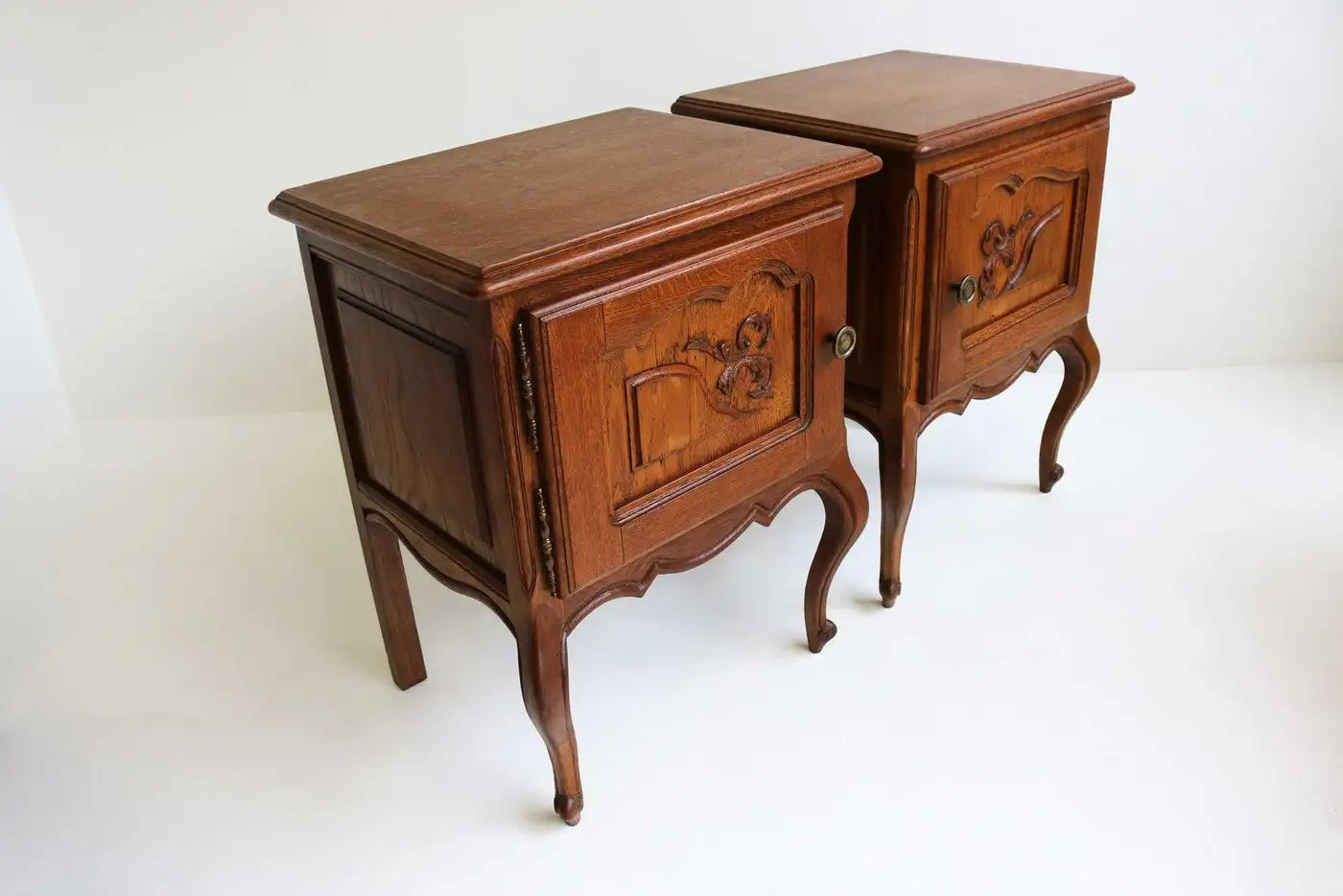 French Antique Style Carved Oak Nightstands 1960 Midcentury