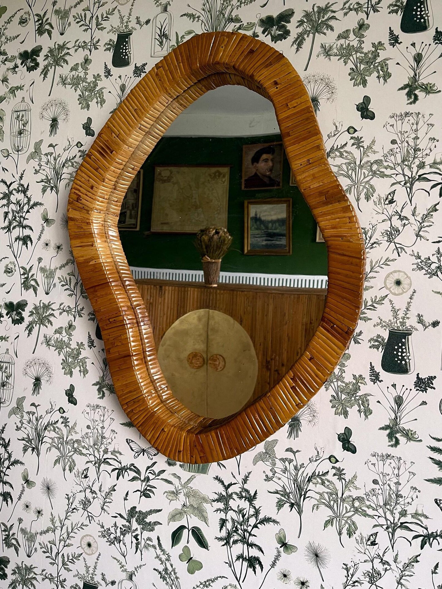 Asymmetrical Wall Mirror with Organic Rattan Cane Frame – Contemporary