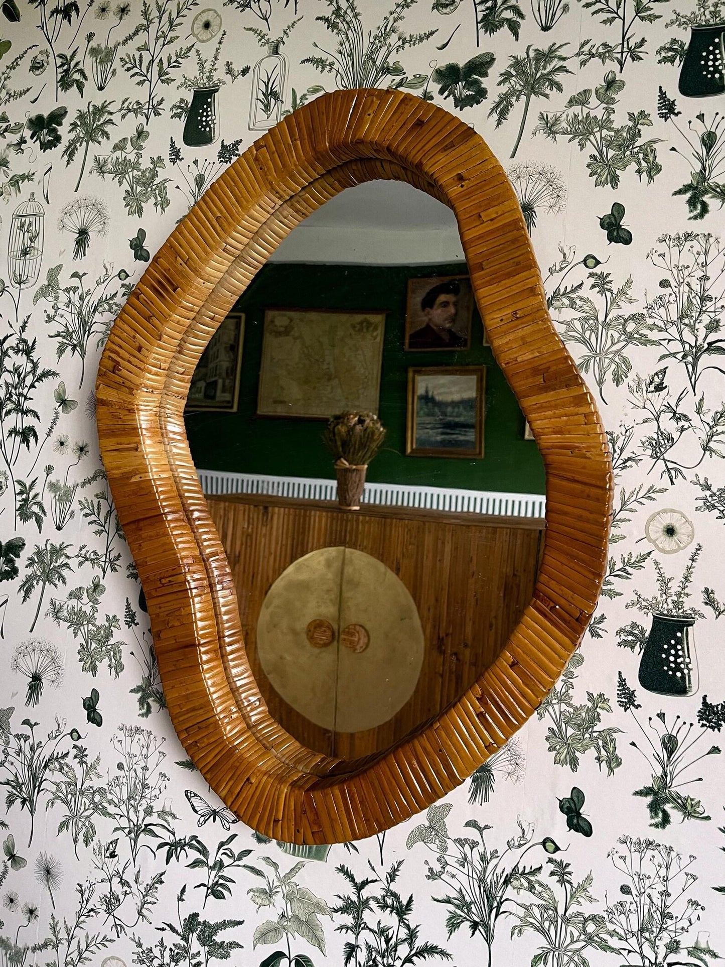 Asymmetrical Wall Mirror with Organic Rattan Cane Frame – Contemporary