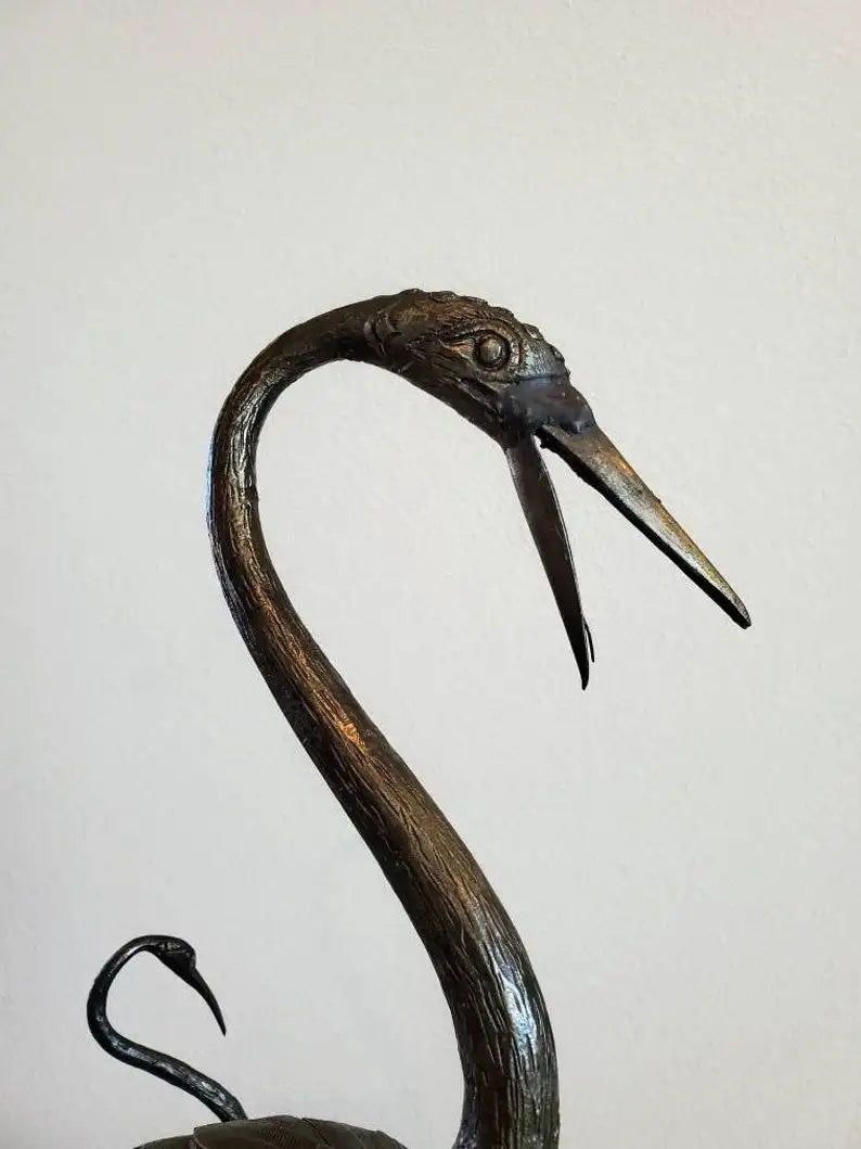 Mid-Century French Japonisme Bronze Crane Figures Iron Pedestal Sculpture