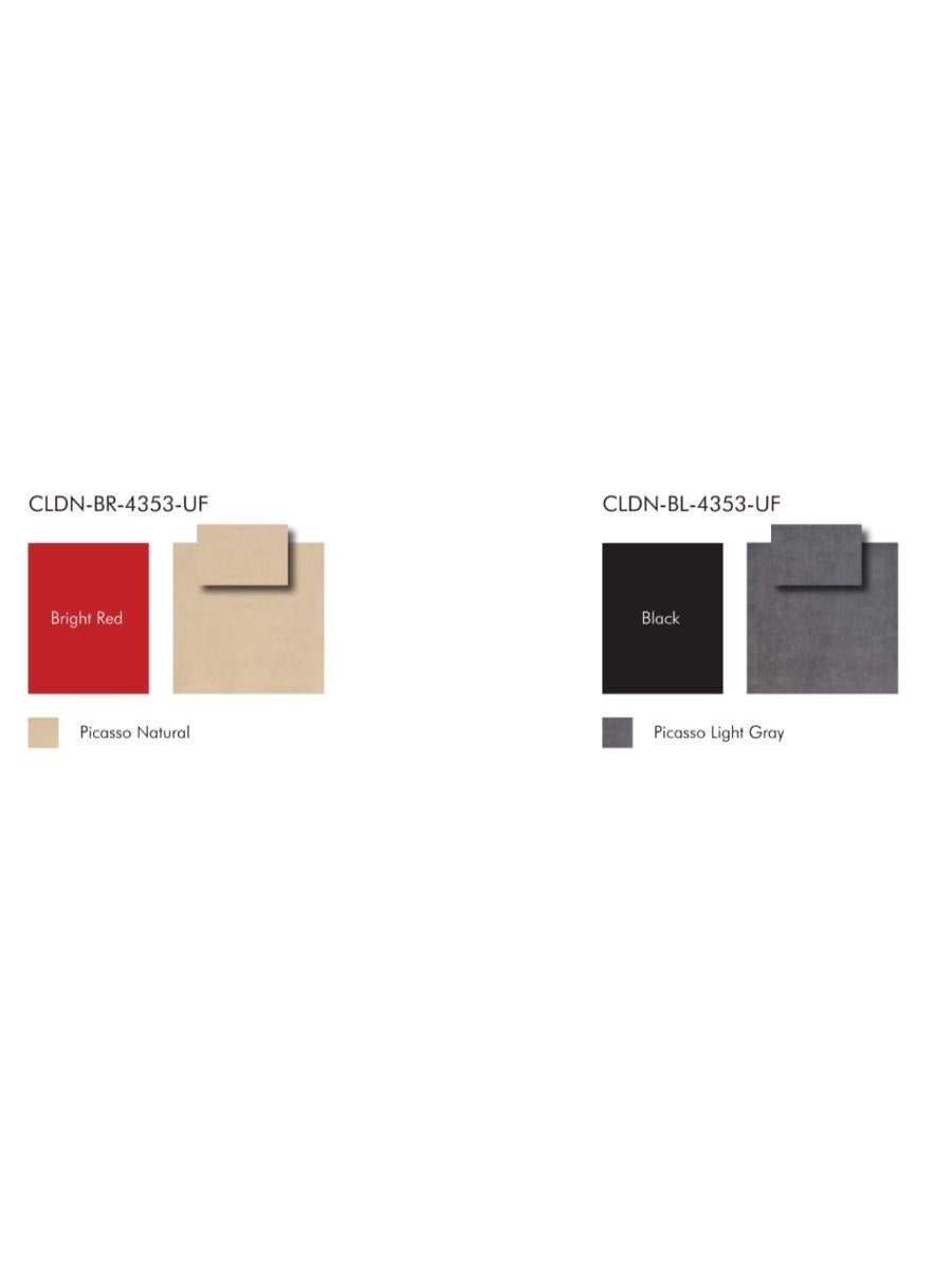 Color swatches for CLDN-BR-4353-UF, CLDN-BL-4353-UF, Picasso Natural, Black, and Picasso Light Grey on a white background.