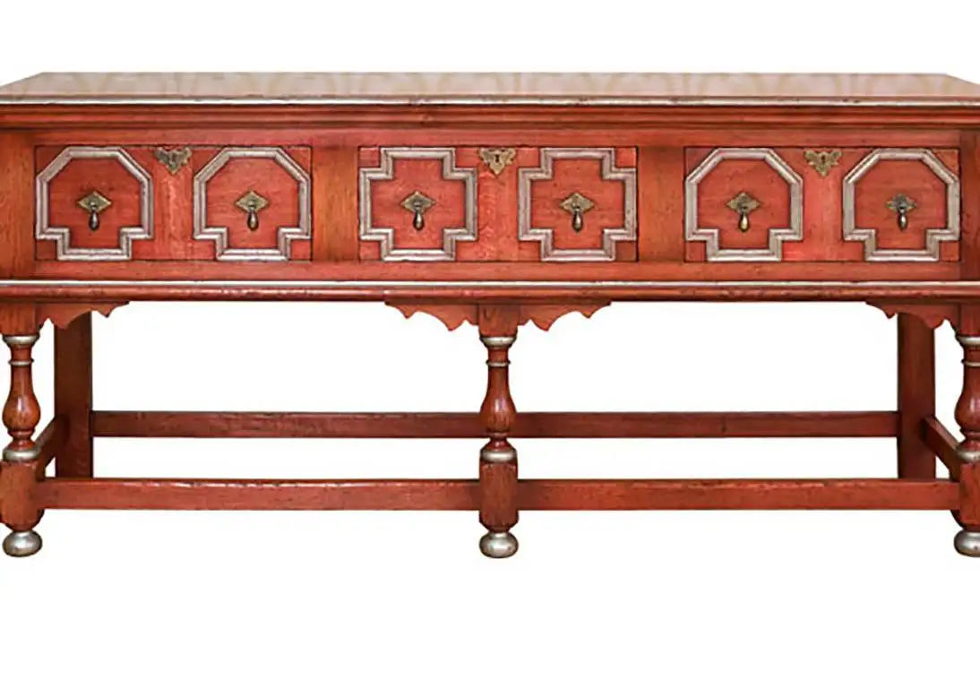Jacobean Solid Oak Sideboard Dresser Base in Salmon Red & Silver — Made to Order