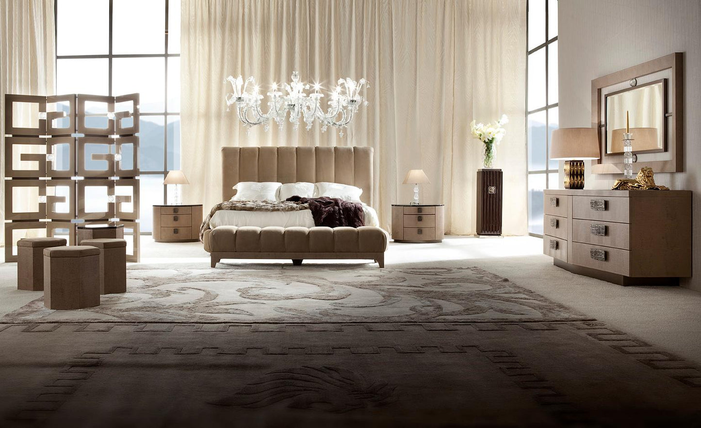 Giorgio USA Collection Italian Upholstered King Size Bed with Bronzed Brass Base