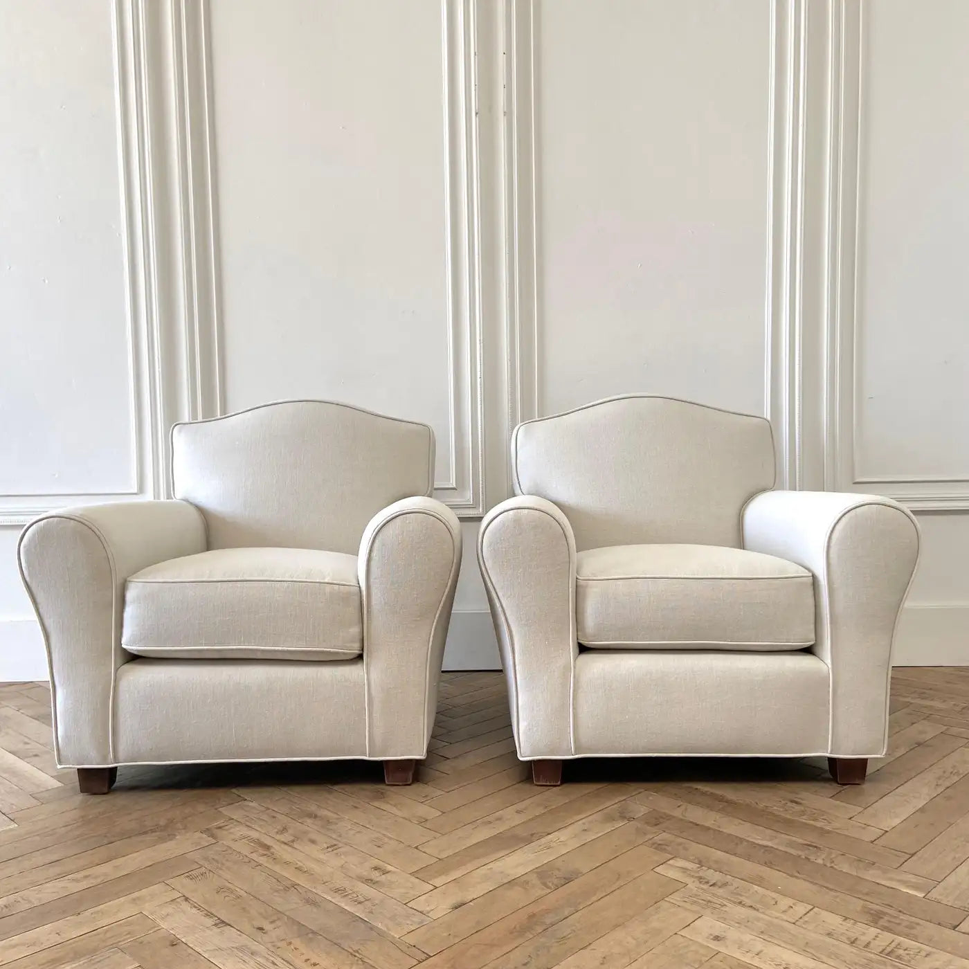 Pair of Vintage Club Chairs Reupholstered in Heavy Stone Washed Linen
