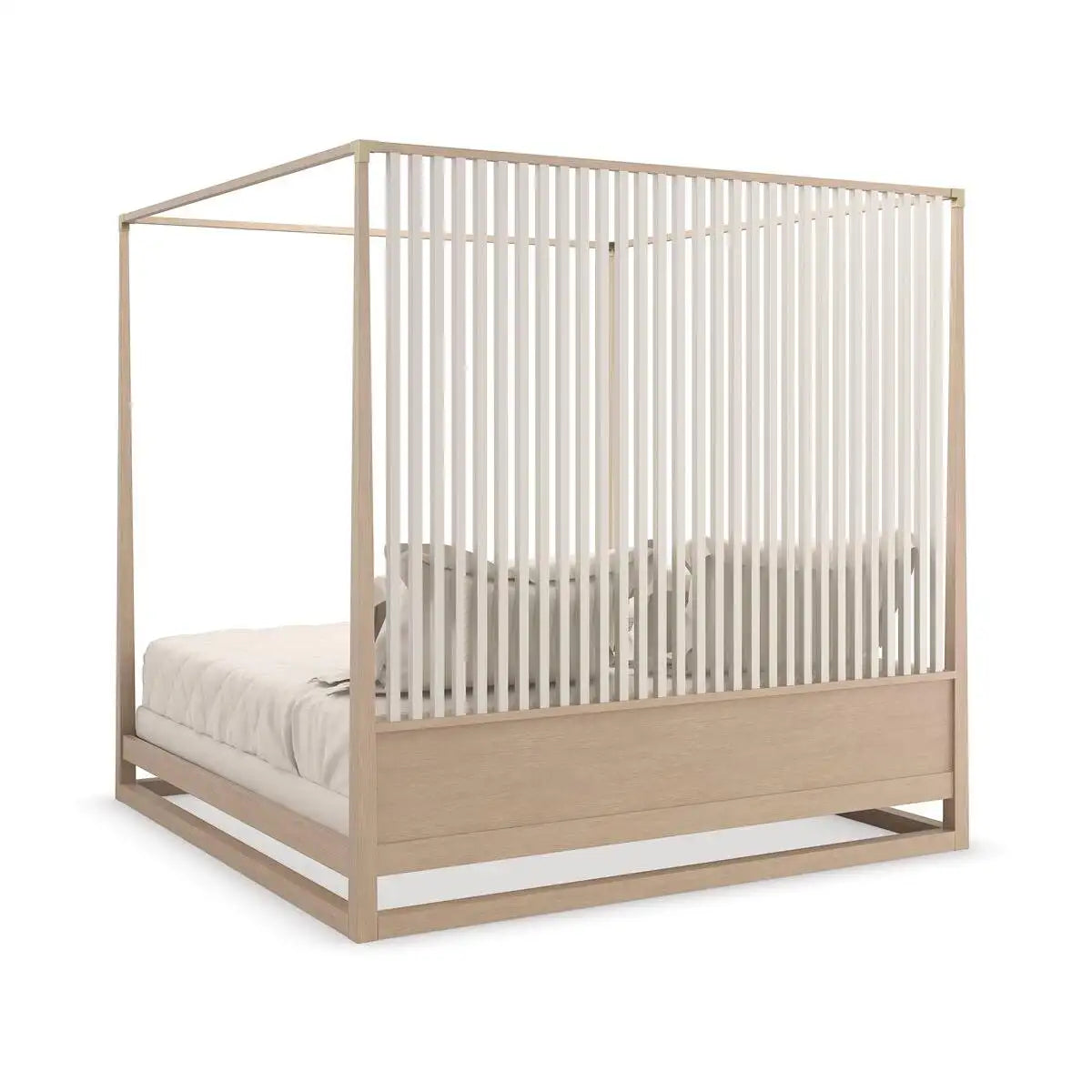 Wooden crib with white mattress on a white background