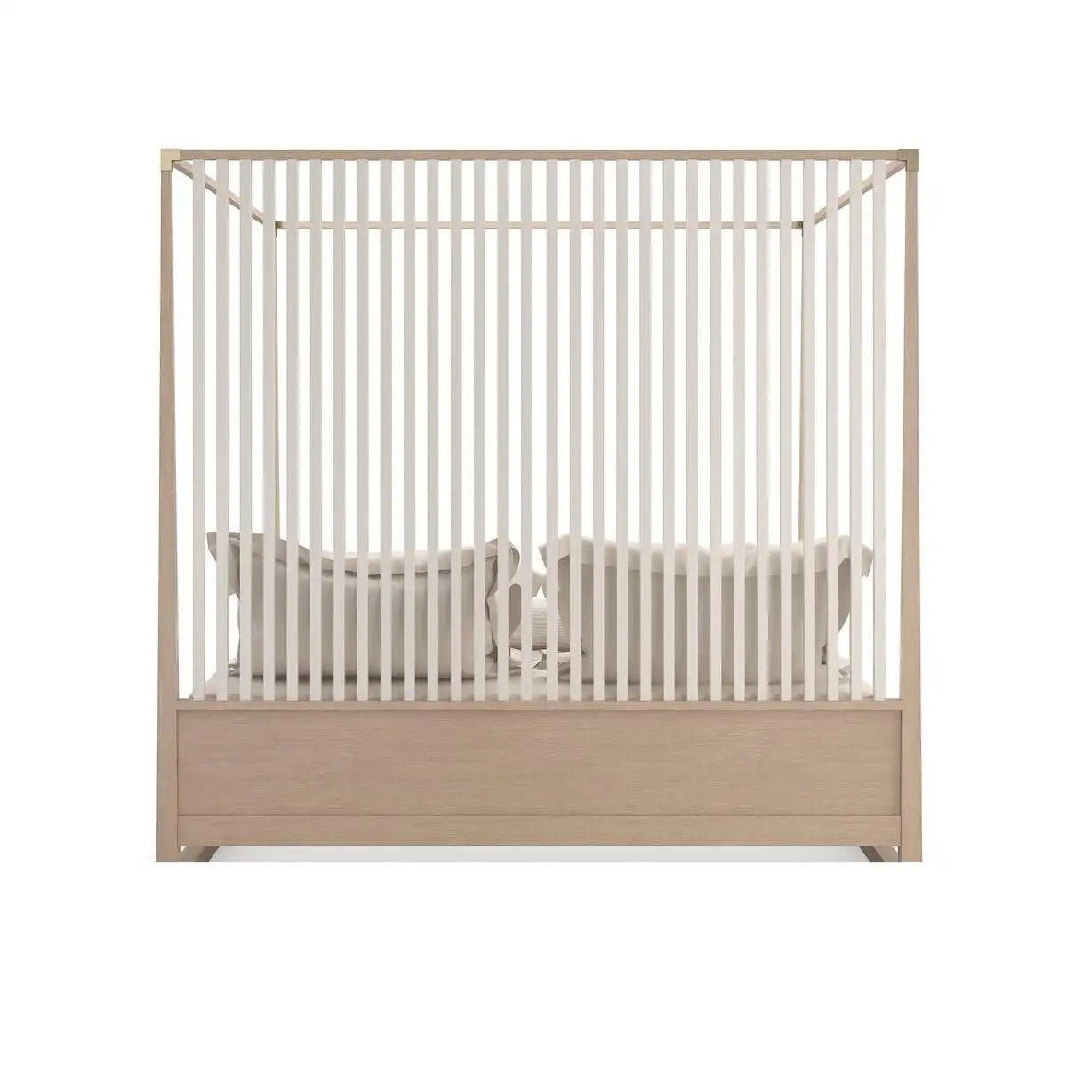 Beige crib with white mattress on a white background