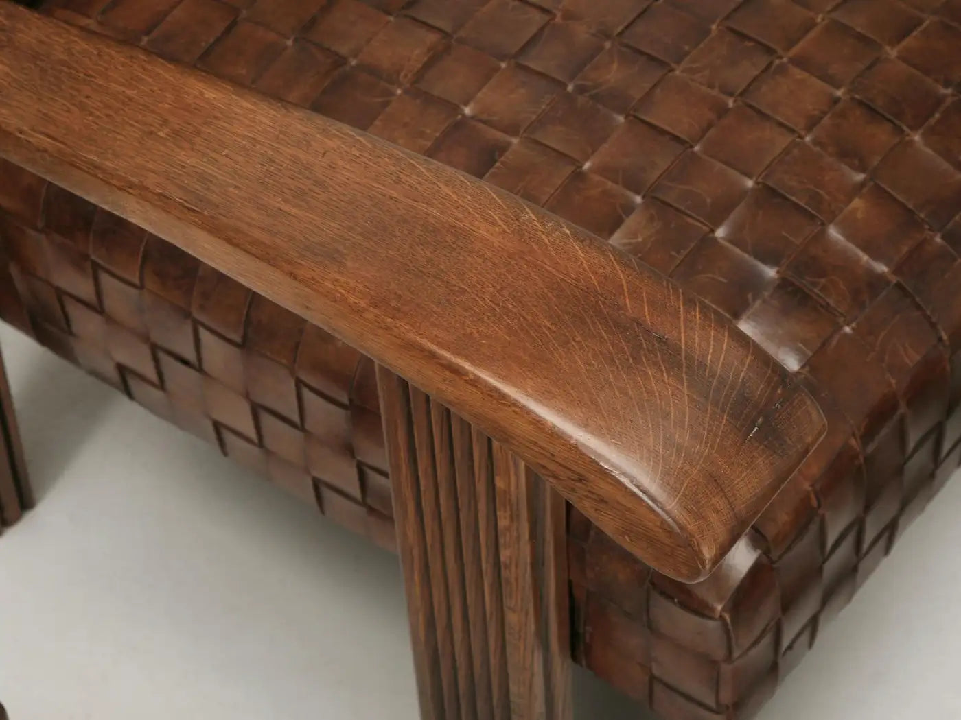 French Woven Leather Club Chairs with Matching Ottomans