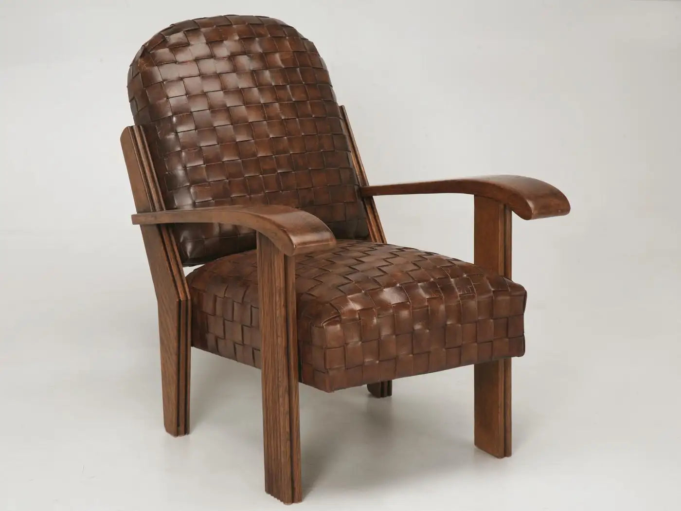French Woven Leather Club Chairs with Matching Ottomans