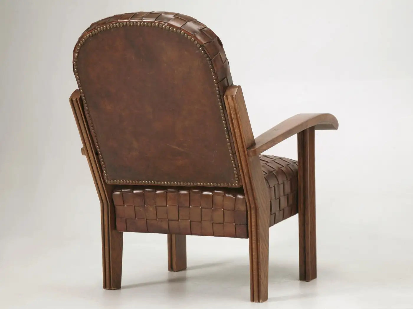 French Woven Leather Club Chairs with Matching Ottomans
