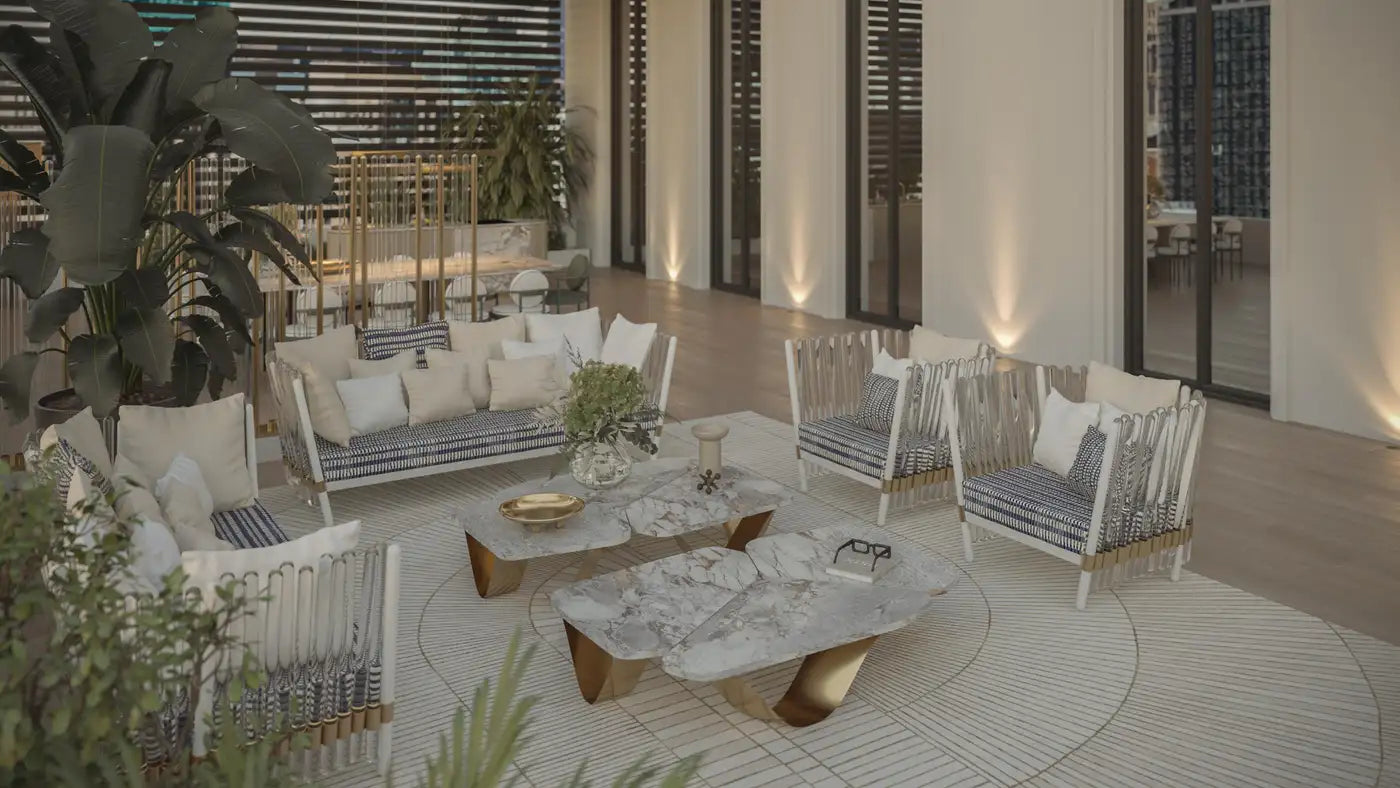 Patio Coffee Table Featuring Gold Plating and Irregular Carrara Marble Top
