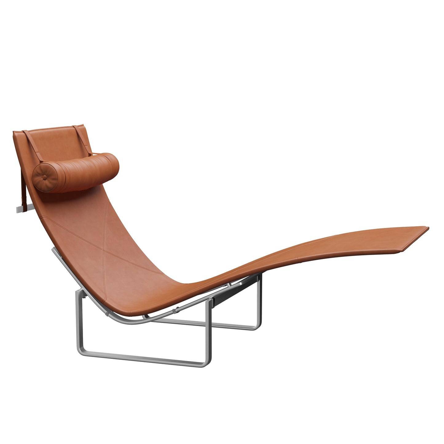 Brown lounge chair with a metal frame on a white background