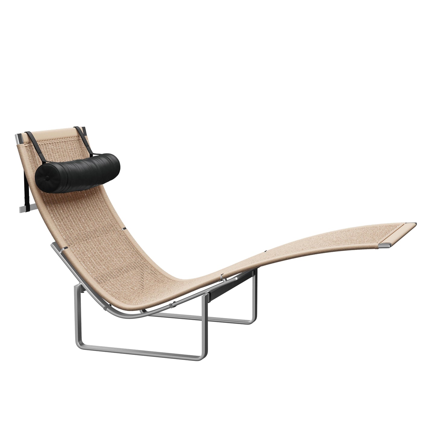 Modern lounge chair with wicker seat and black cylindrical pillow on a white background