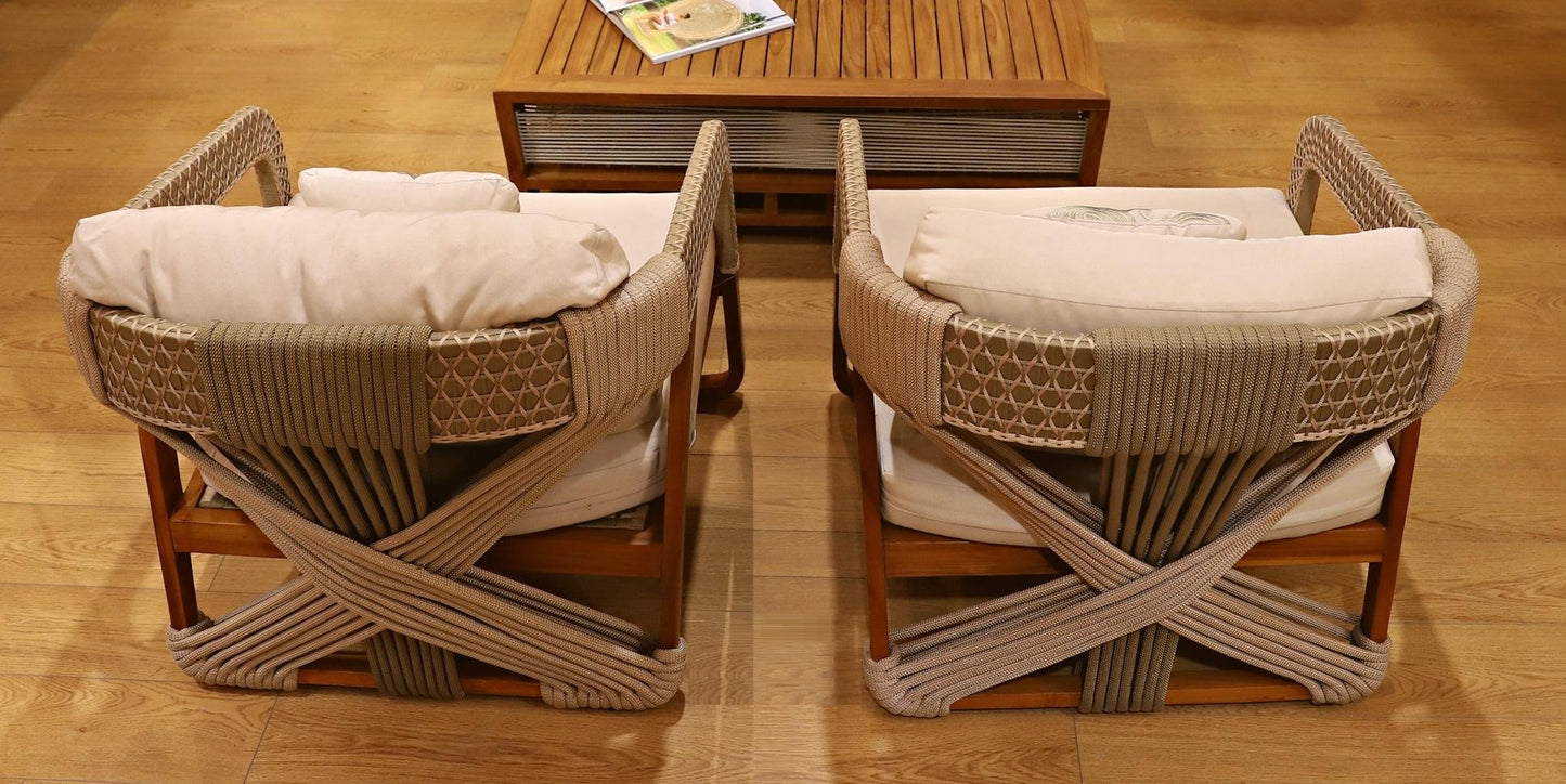 Outdoor Lounge Chairs – Set of 2 in Water-Based Teak with Hand-Woven Polyester Rope