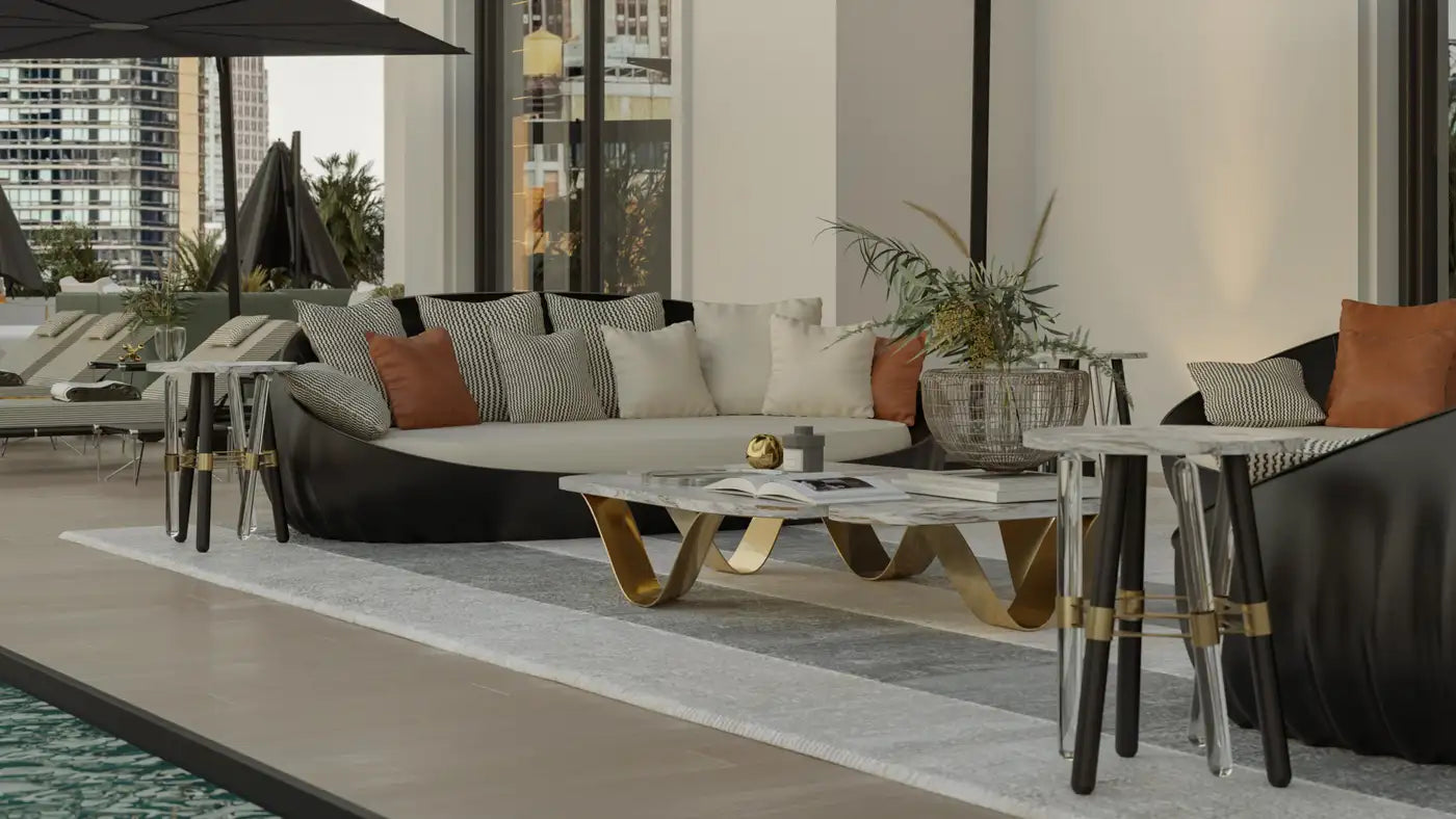 Patio Coffee Table Featuring Gold Plating and Irregular Carrara Marble Top