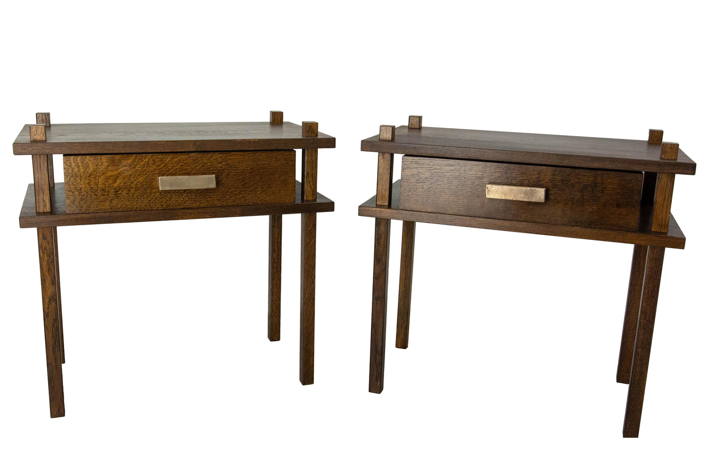 French Chalet Style Oak Nightstands – Pair with Bronze Handles, 2024