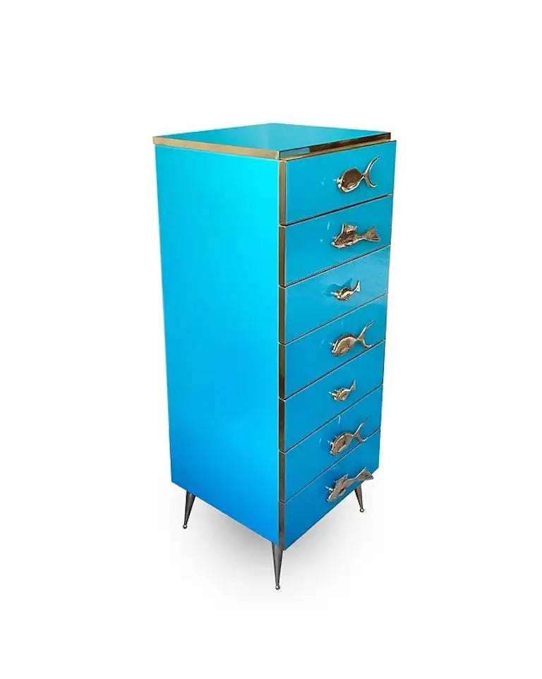 Bespoke Italian Emerald Blue Green Art Glass 9-Drawer Dresser Sideboard