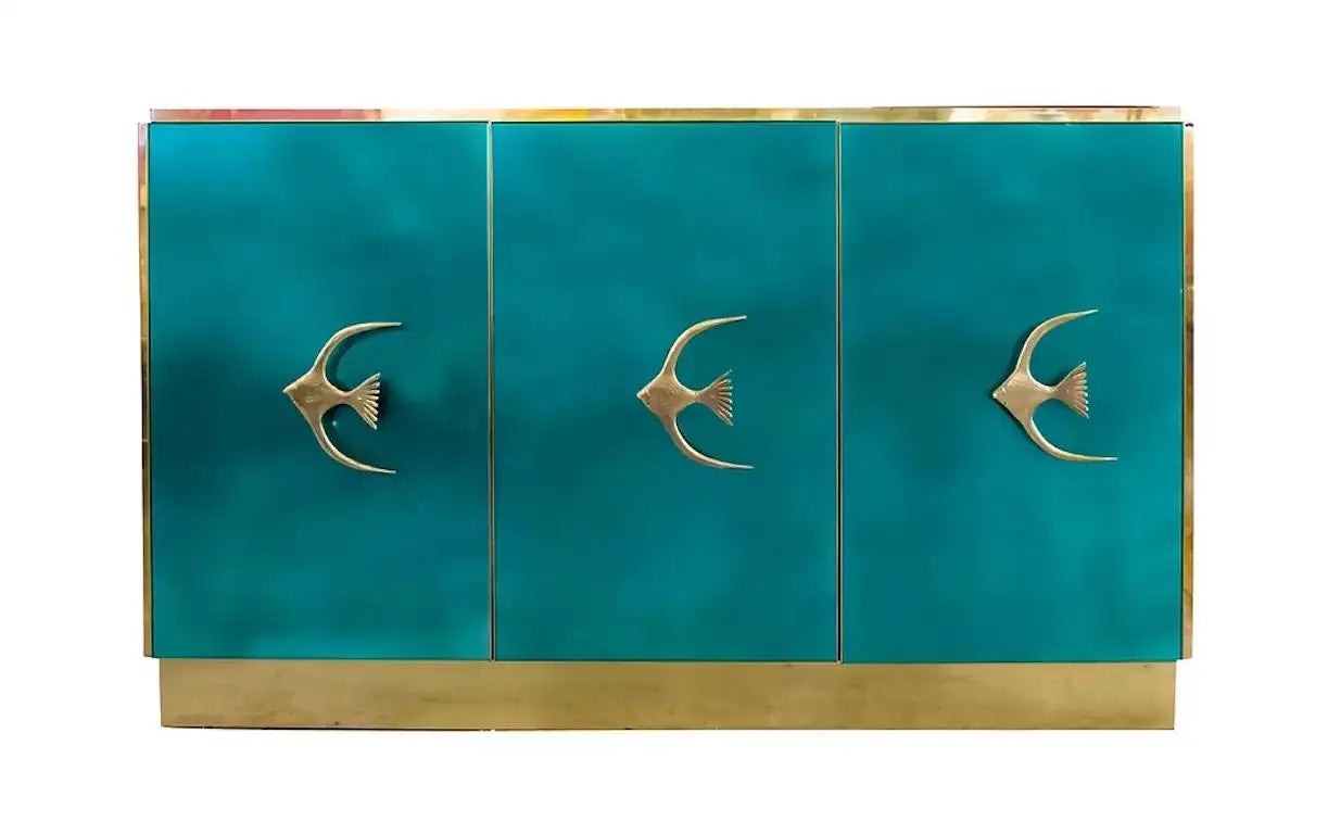 Bespoke Italian Emerald Blue Green Art Glass 9-Drawer Dresser Sideboard