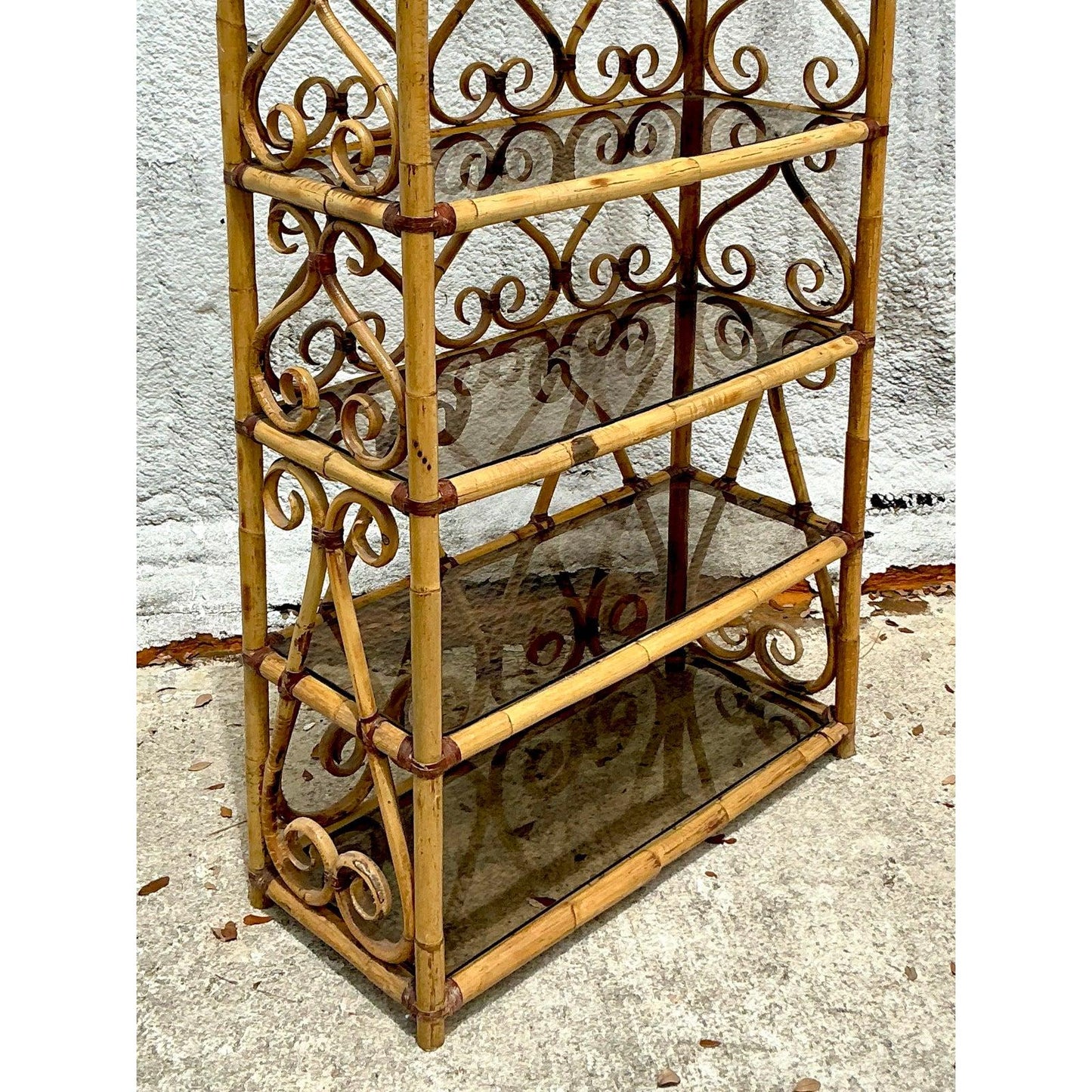 Vintage Boho Bent Rattan Scroll Etagere with Smoked Glass Shelves