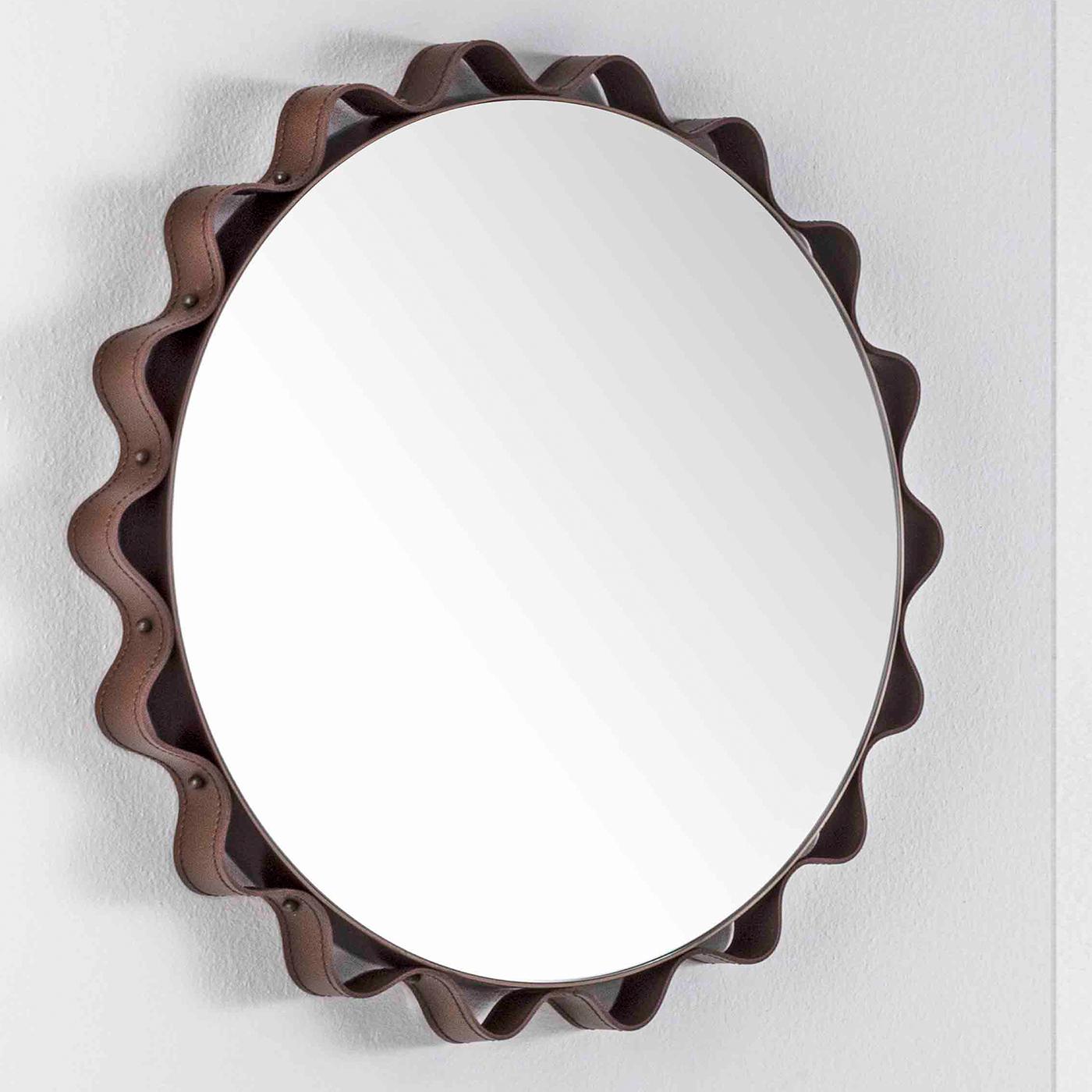 Glimt Round Wall Mirror with Graphite Metal Frame and Taupe Leather Detail
