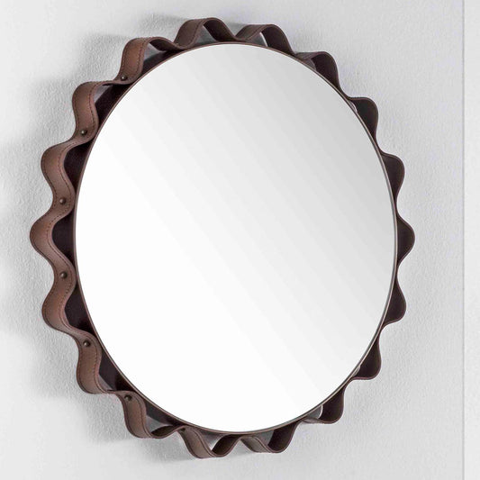 Glimt Round Wall Mirror with Graphite Metal Frame and Taupe Leather Detail