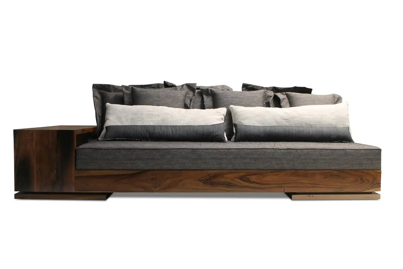 Gray sofa with wooden base on a white background