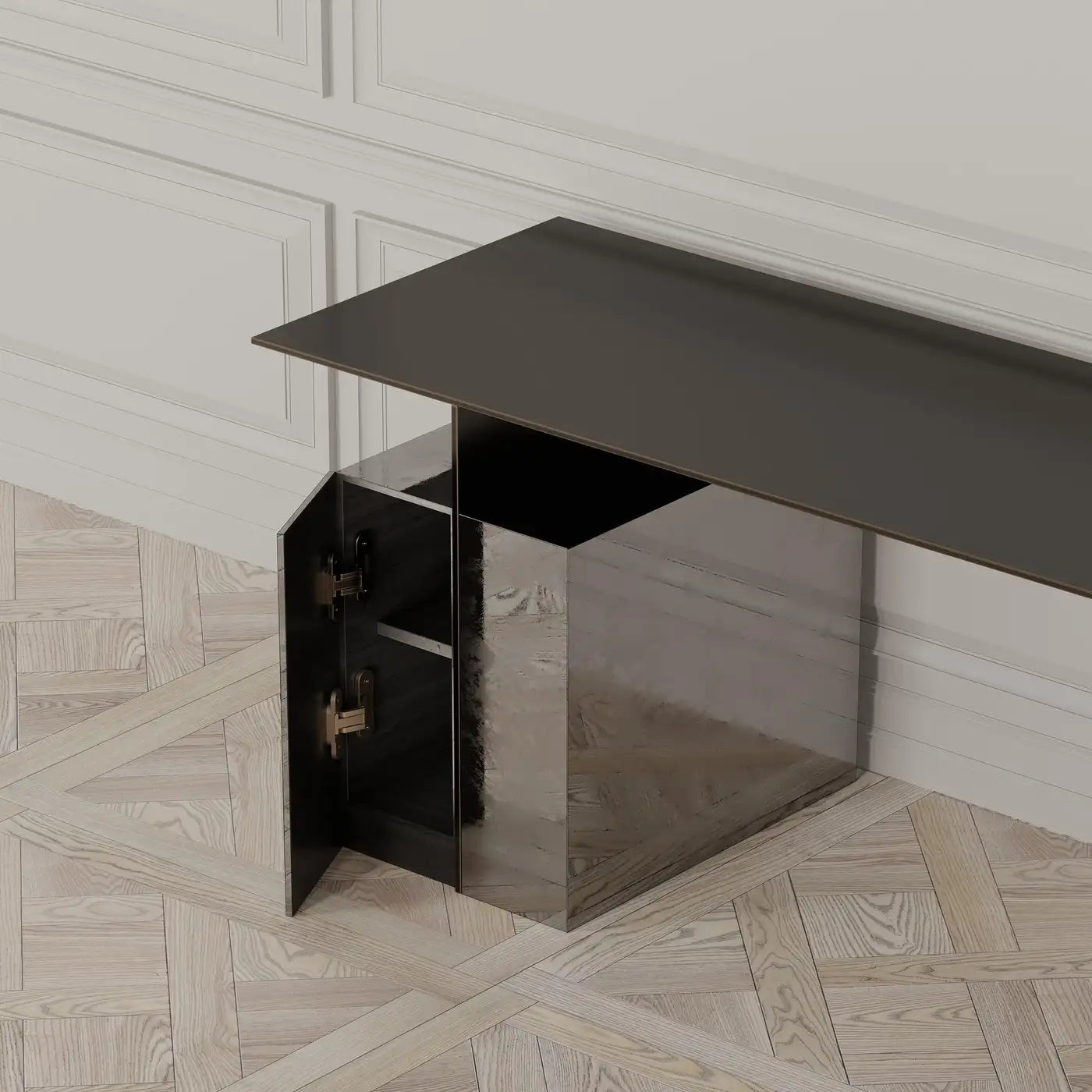 Modern console table with a metallic finish against a white paneled wall.