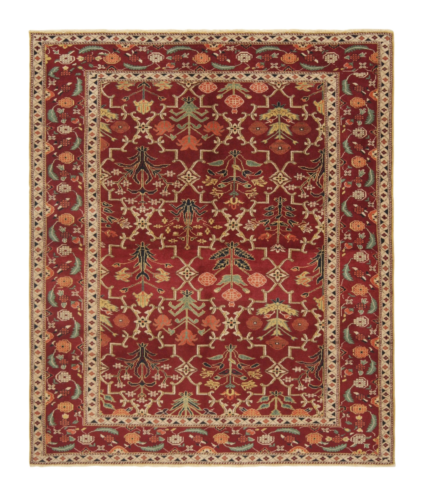 Agra Style Wool Rug – Red & Green Trellis Floral Pattern 178 x 224 cm