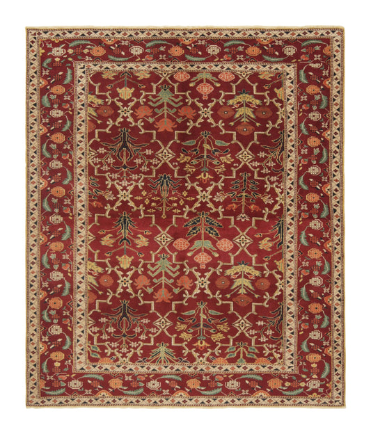 Agra Style Wool Rug – Red & Green Trellis Floral Pattern 178 x 224 cm