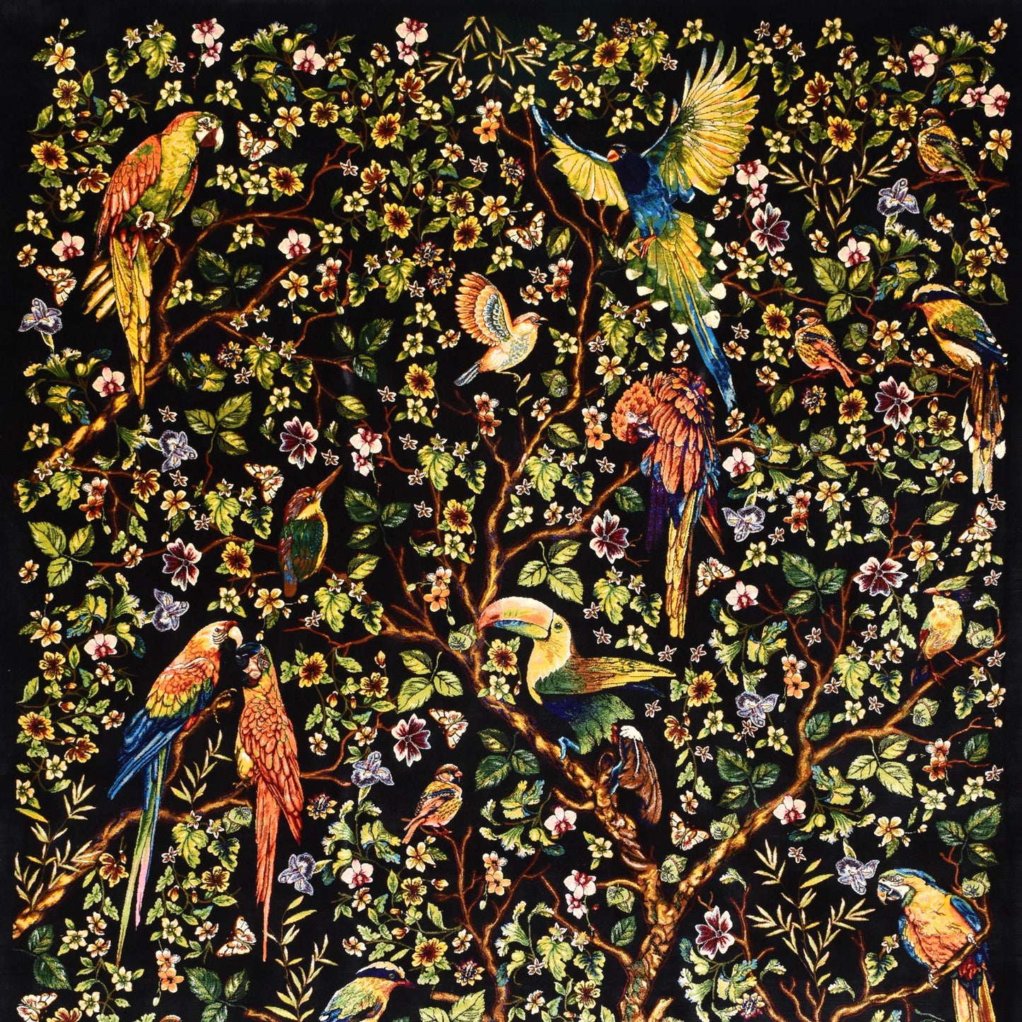 Persian Silk Carpet with Exotic Birds and Floral Tree – Black Paradise Garden Rug
