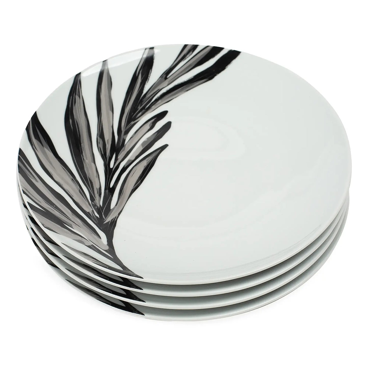 Leaf Motif Porcelain Dinner Plate Set (4-Piece, Monochrome)