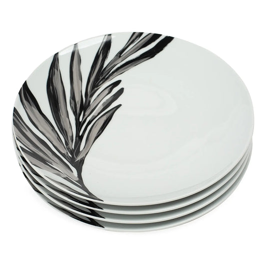 Leaf Motif Porcelain Dinner Plate Set (4-Piece, Monochrome)