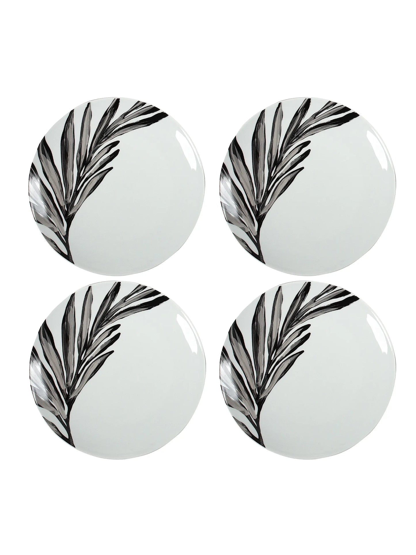 Leaf Motif Porcelain Dinner Plate Set (4-Piece, Monochrome)