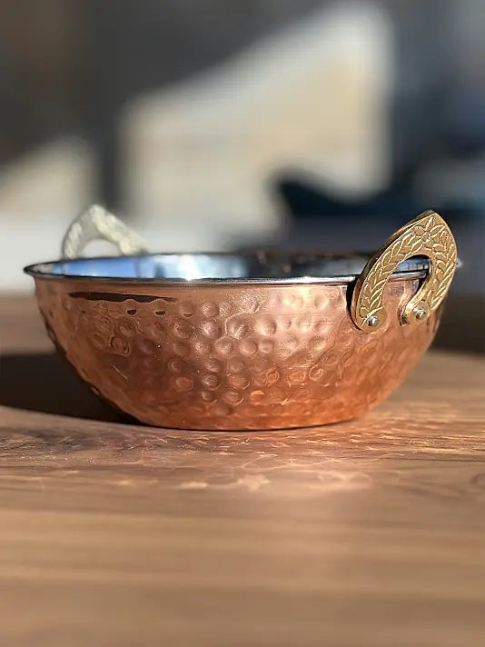 Indian Handi Serving Bowl - Hammered Copper Double Walled