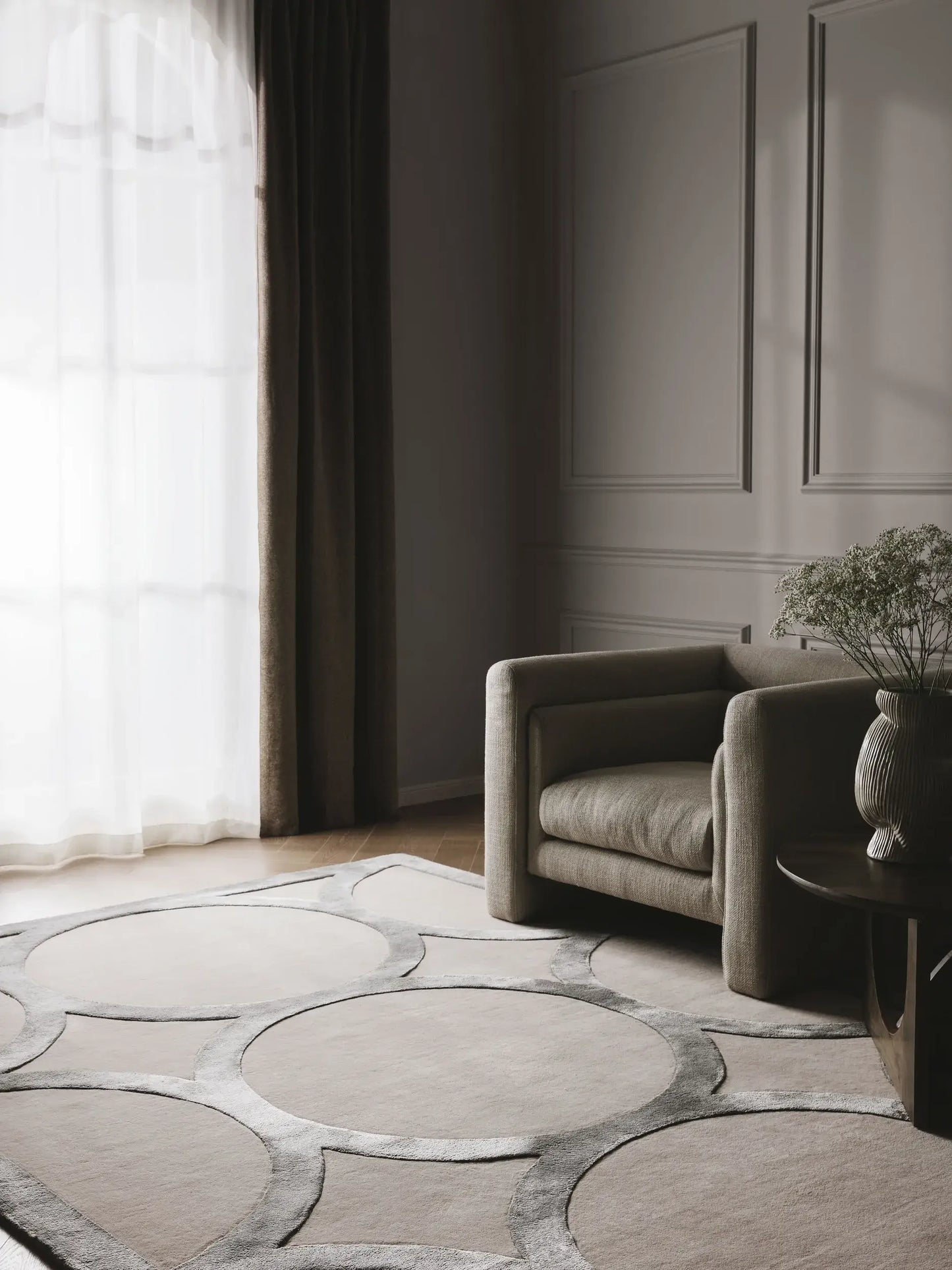 Refined Cream and Grey Wool & Lyocell Statement Rug