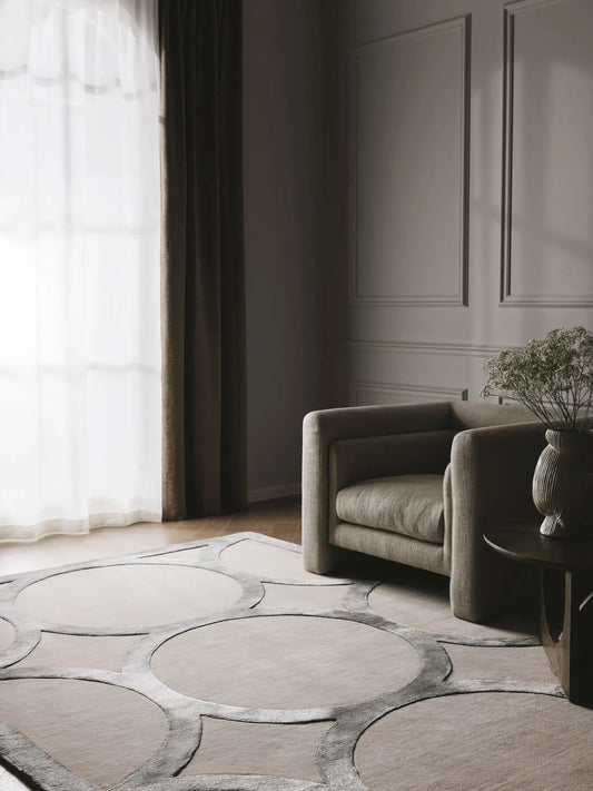 Refined Cream and Grey Wool & Lyocell Statement Rug