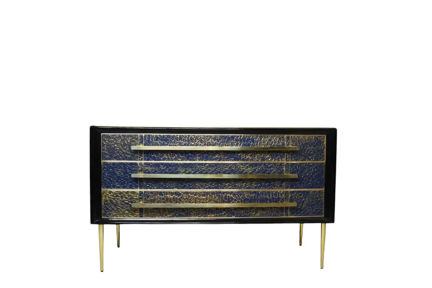 Decorative cabinet with blue and gold design on a white background