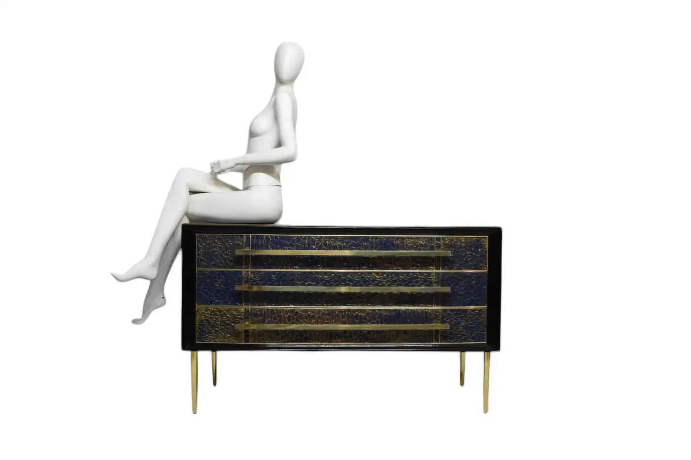 ANTIQUE SAPPHIRE BLUE MURANO GLASS CHEST OF DRAWERS WITH GOLD LEAF & BRASS