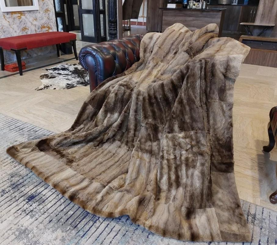 Natural Sheared Raccoon Fur King Size Blanket Luxury Fur Throw
